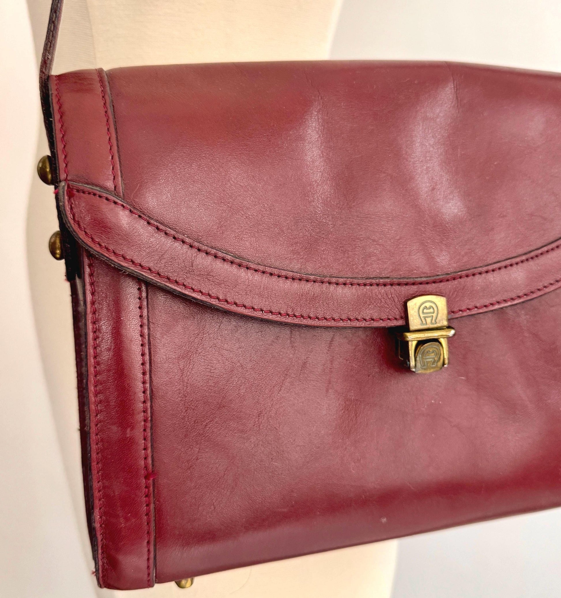 Vintage Handmade Etienne Aigner Shoulder Bag Oxblood Red Leather Brass Hardware
