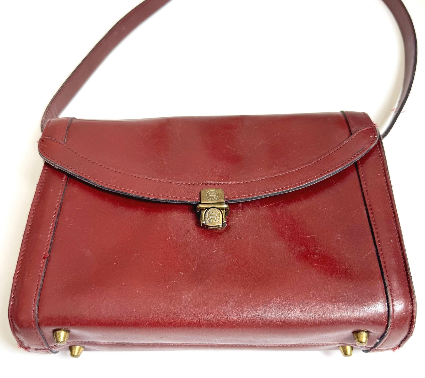 Vintage Handmade Etienne Aigner Shoulder Bag Oxblood Red Leather Brass Hardware