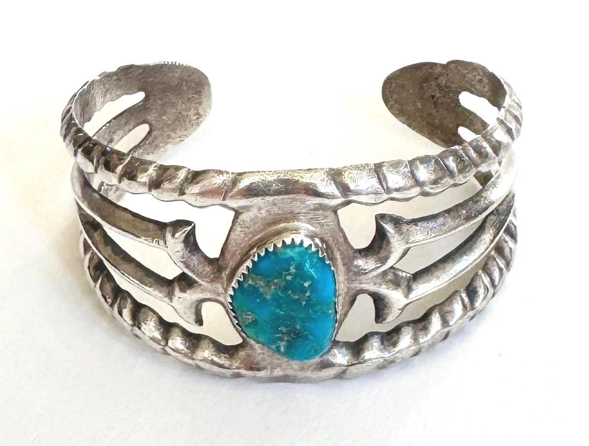 Wide Turquoise Cuff Bracelet Cast Sterling Silver Southwest Native American Open Ornate Band Oval Heavy 52g