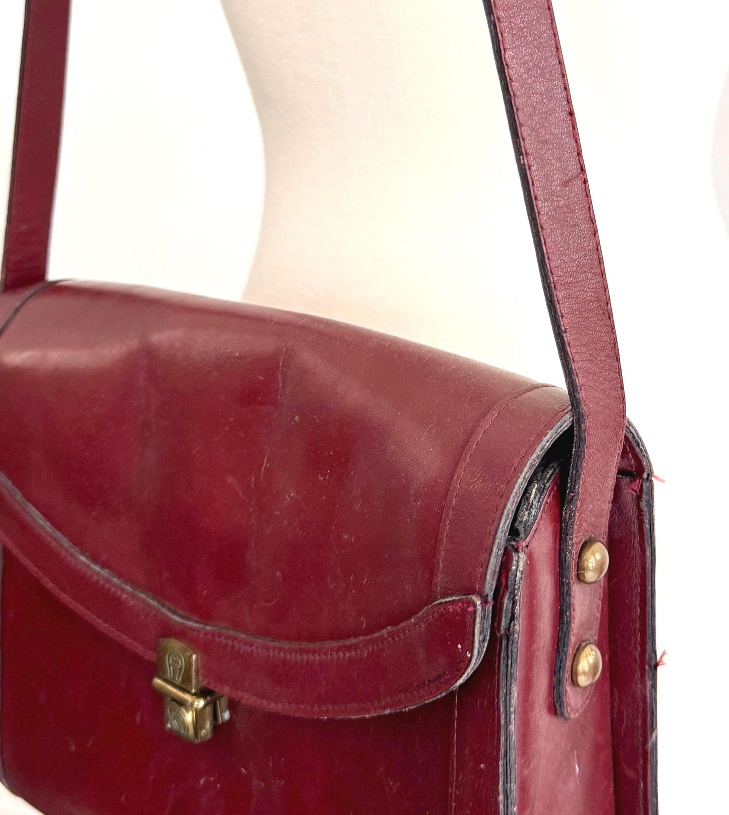 Vintage Handmade Etienne Aigner Shoulder Bag Oxblood Red Leather Brass Hardware