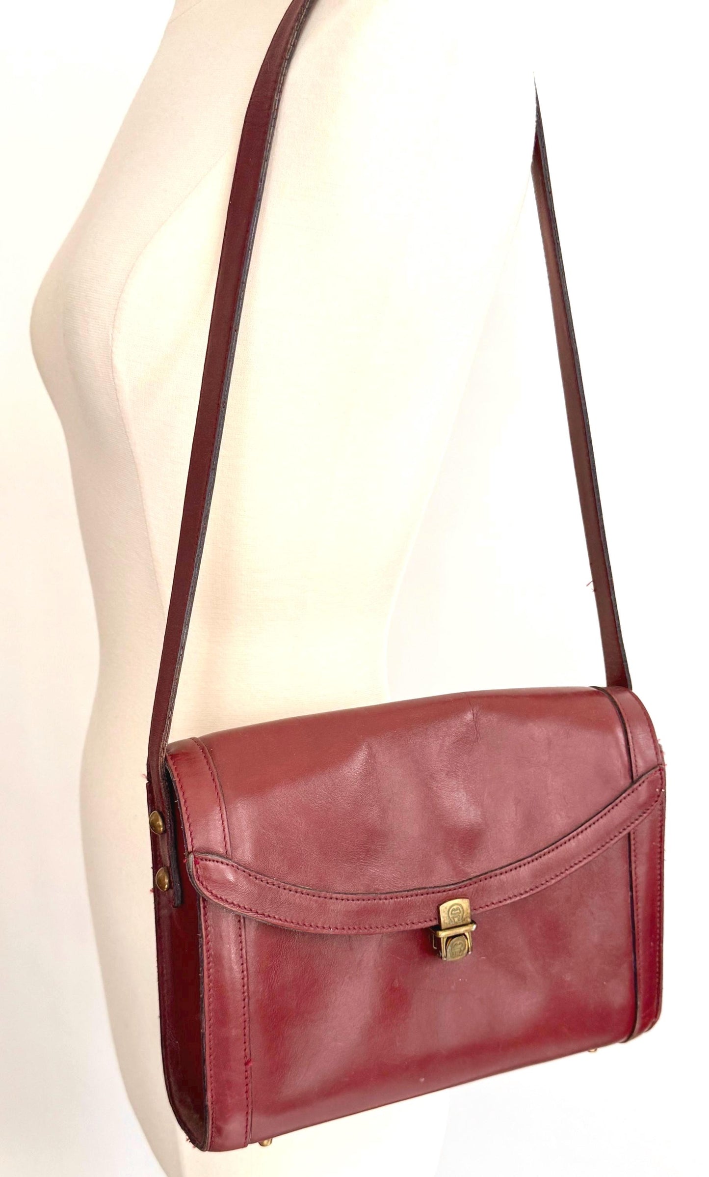 Vintage Handmade Etienne Aigner Shoulder Bag Oxblood Red Leather Brass Hardware
