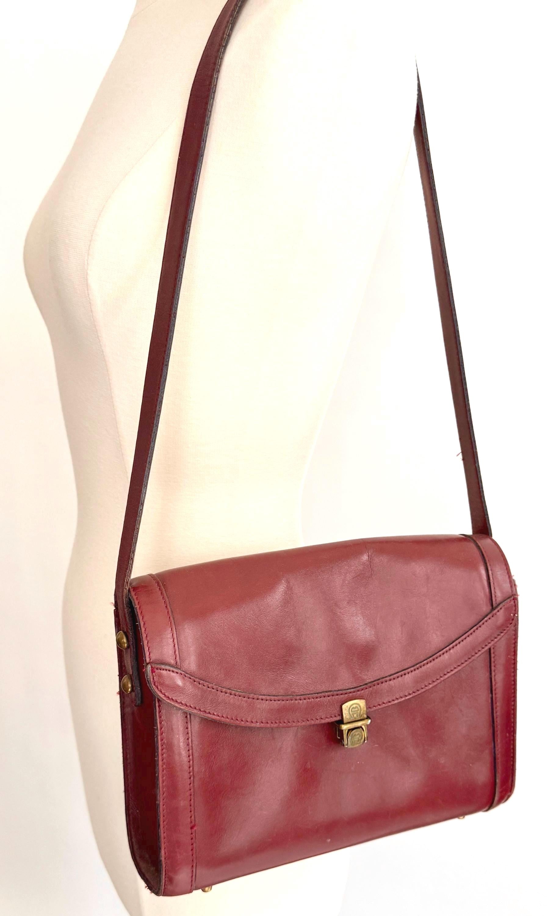 Vintage Handmade Etienne Aigner Shoulder Bag Oxblood Red Leather Brass Hardware