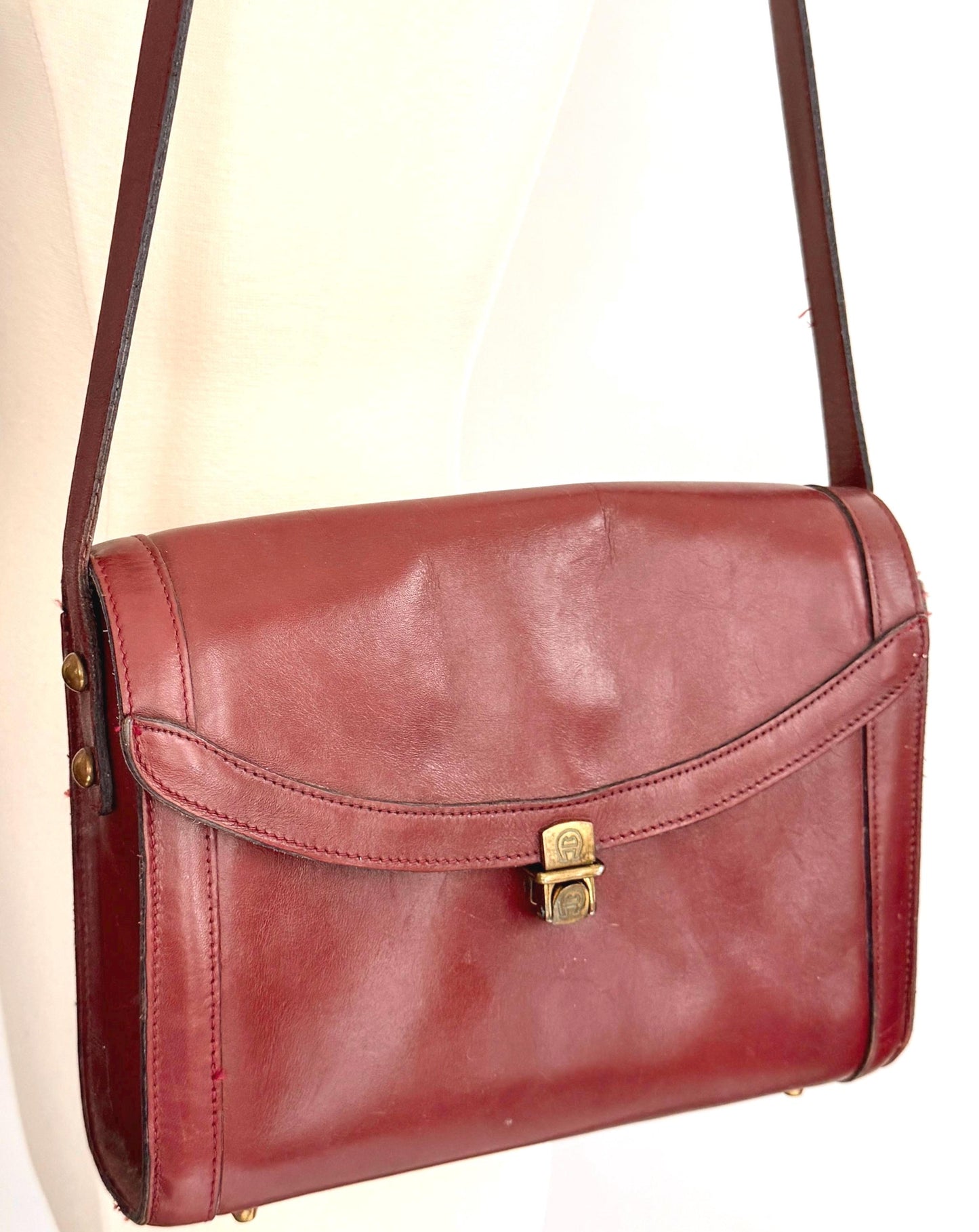 Vintage Handmade Etienne Aigner Shoulder Bag Oxblood Red Leather Brass Hardware