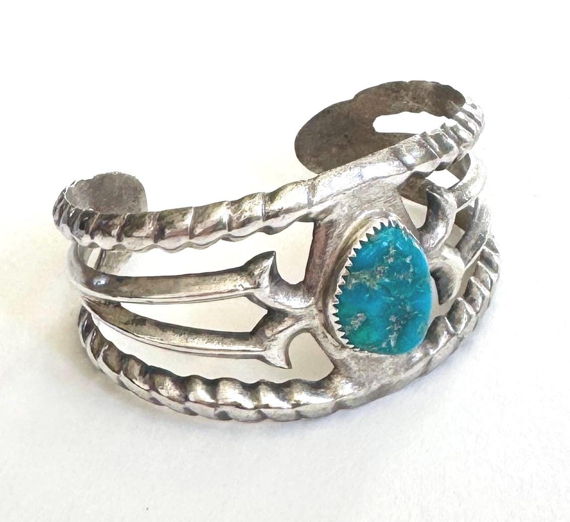 Wide Turquoise Cuff Bracelet Cast Sterling Silver Southwest Native American Open Ornate Band Oval Heavy 52g