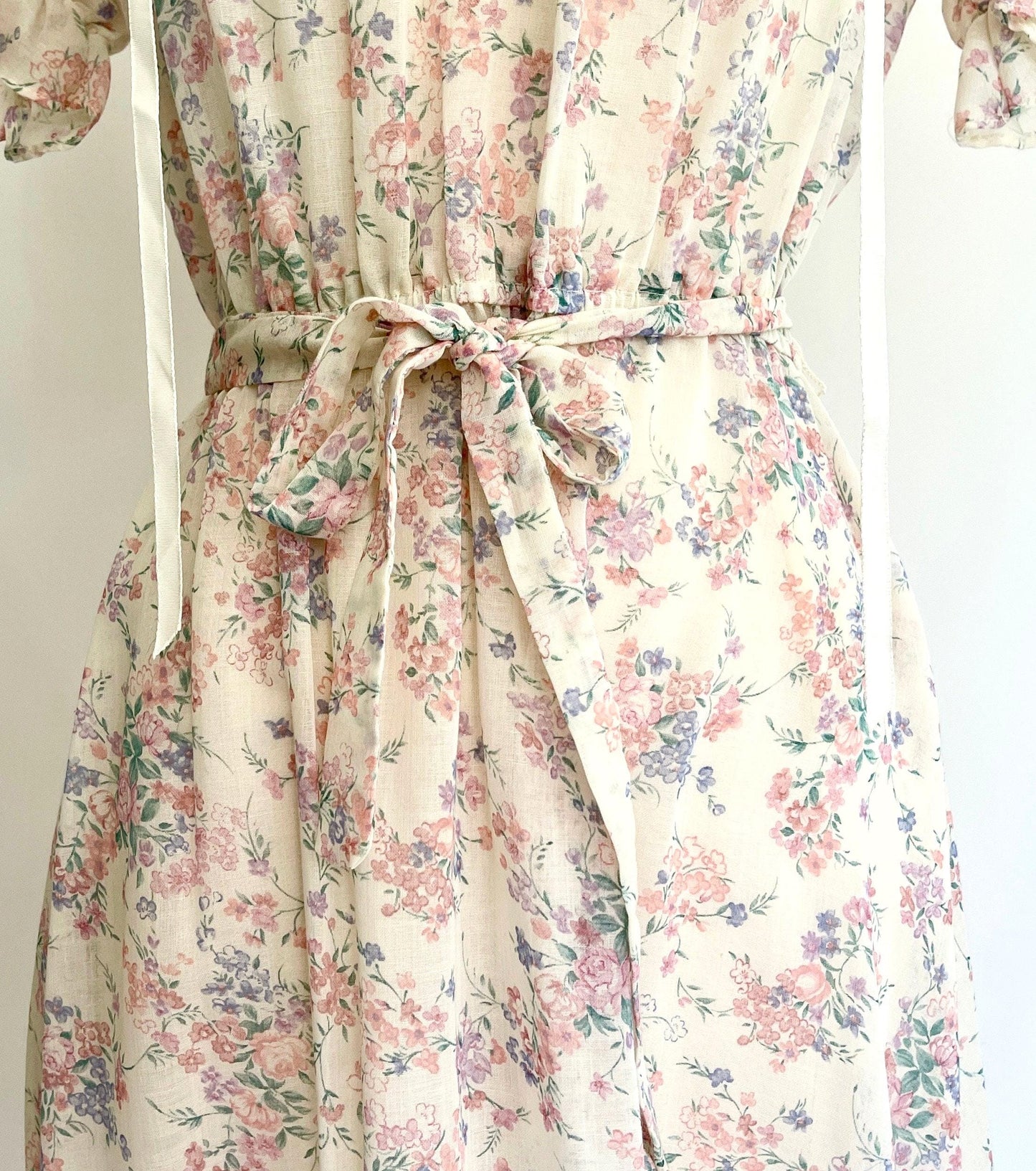 Vintage 70s Pastel Floral Prairie Dress Lace Trim Short Sleeve