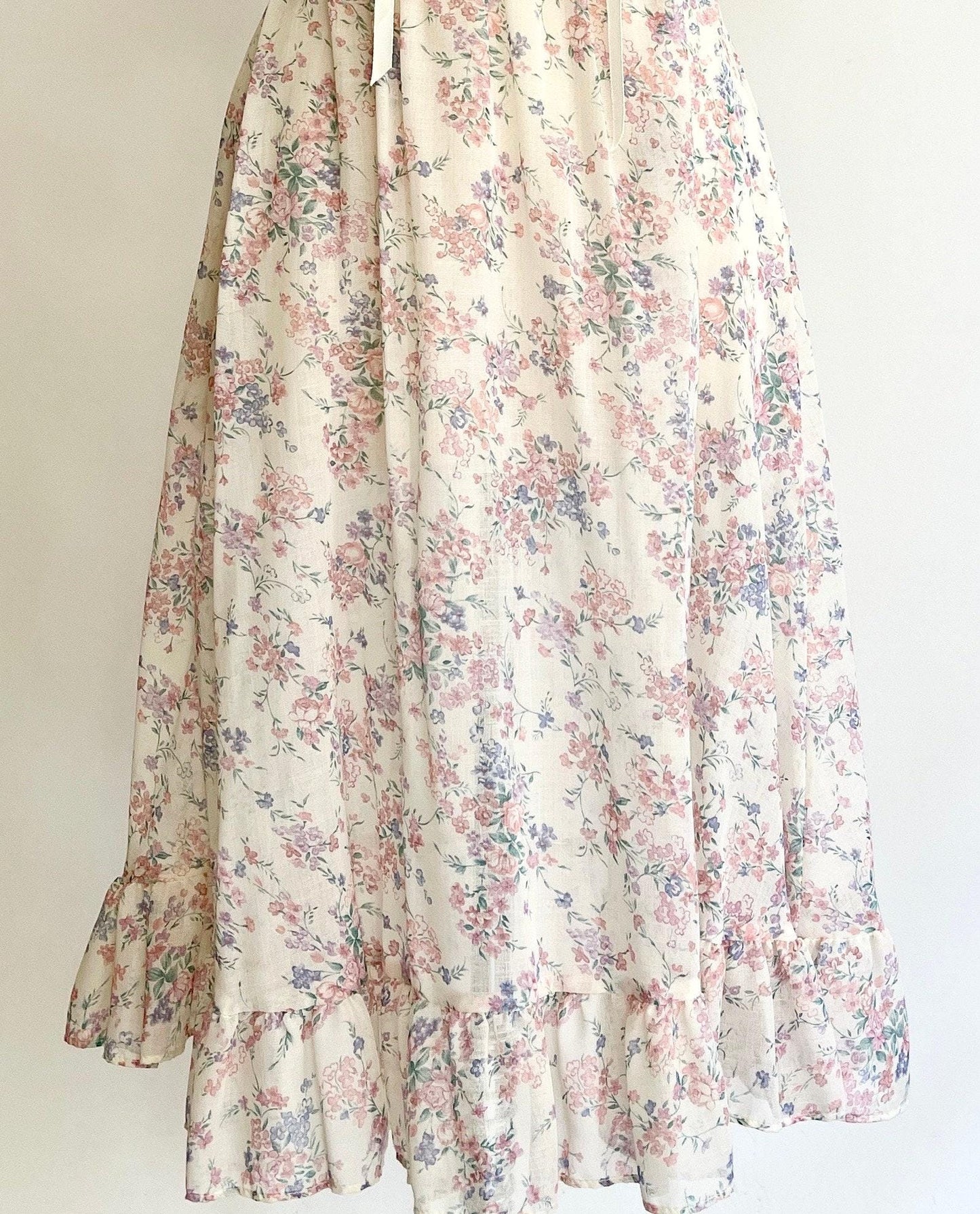 Vintage 70s Pastel Floral Prairie Dress Lace Trim Short Sleeve