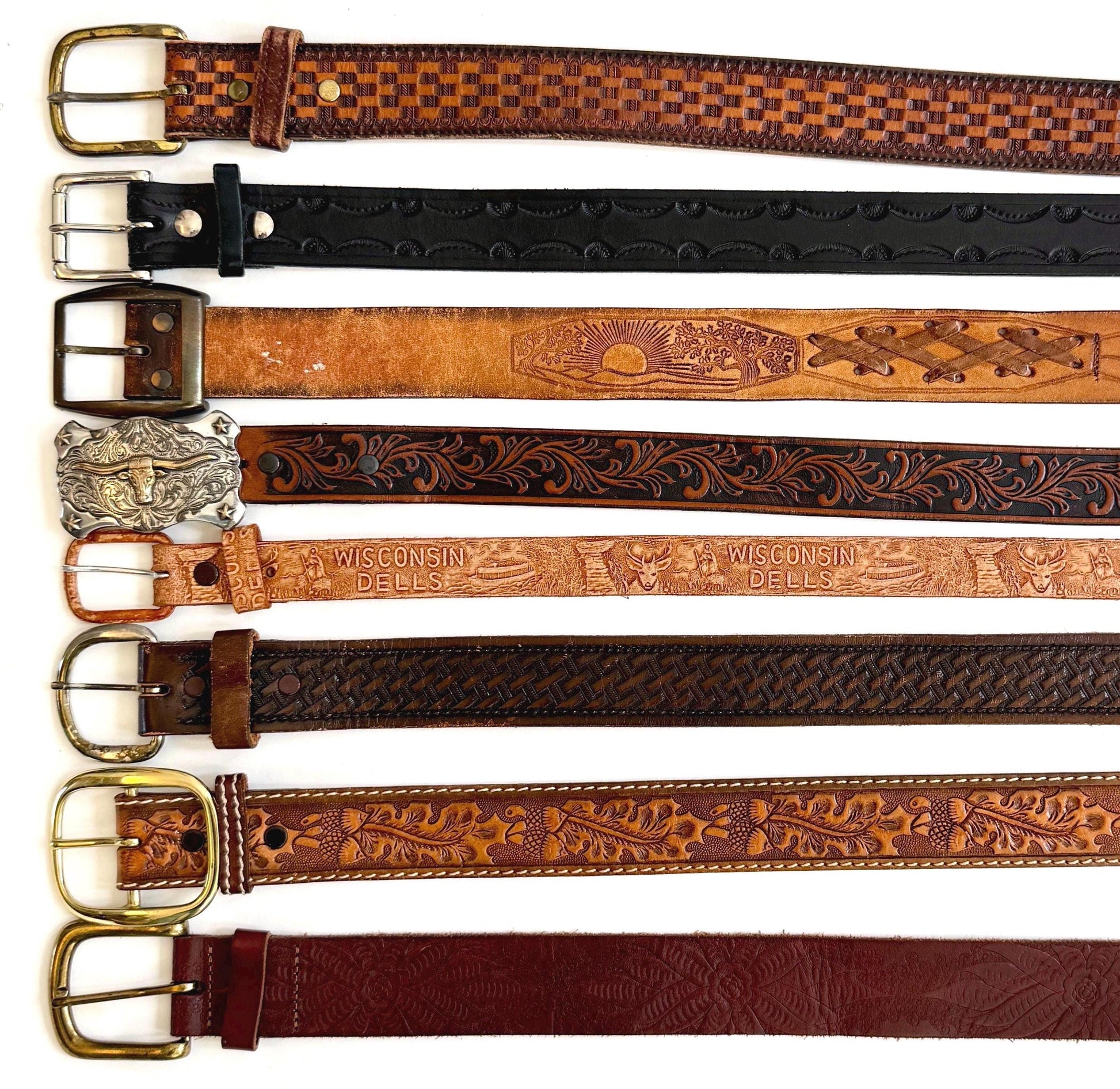 Vintage Western Tooled Leather Belt Black Brown Leather Strap