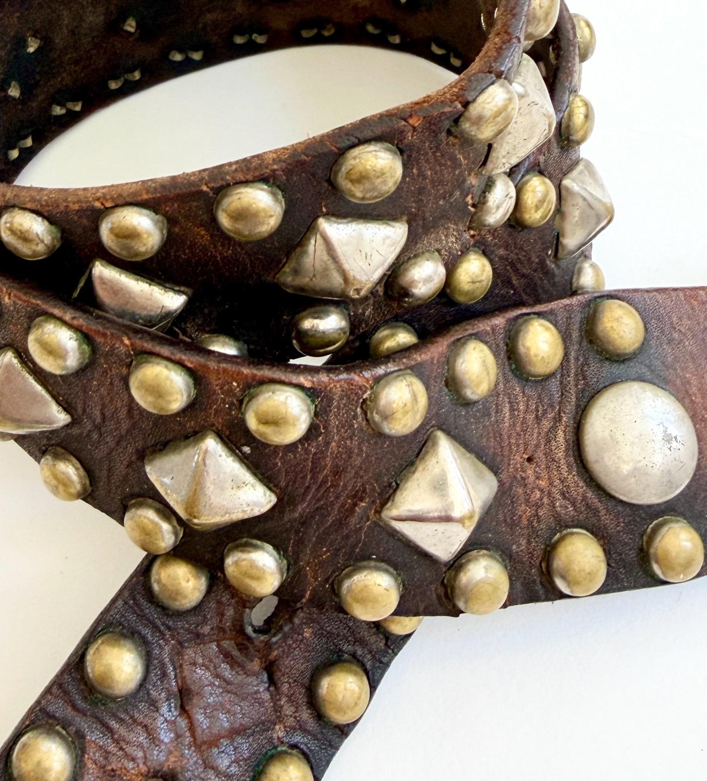 Vintage 70s Studded Leather Belt, Solid Brass Buckle, Handmade
