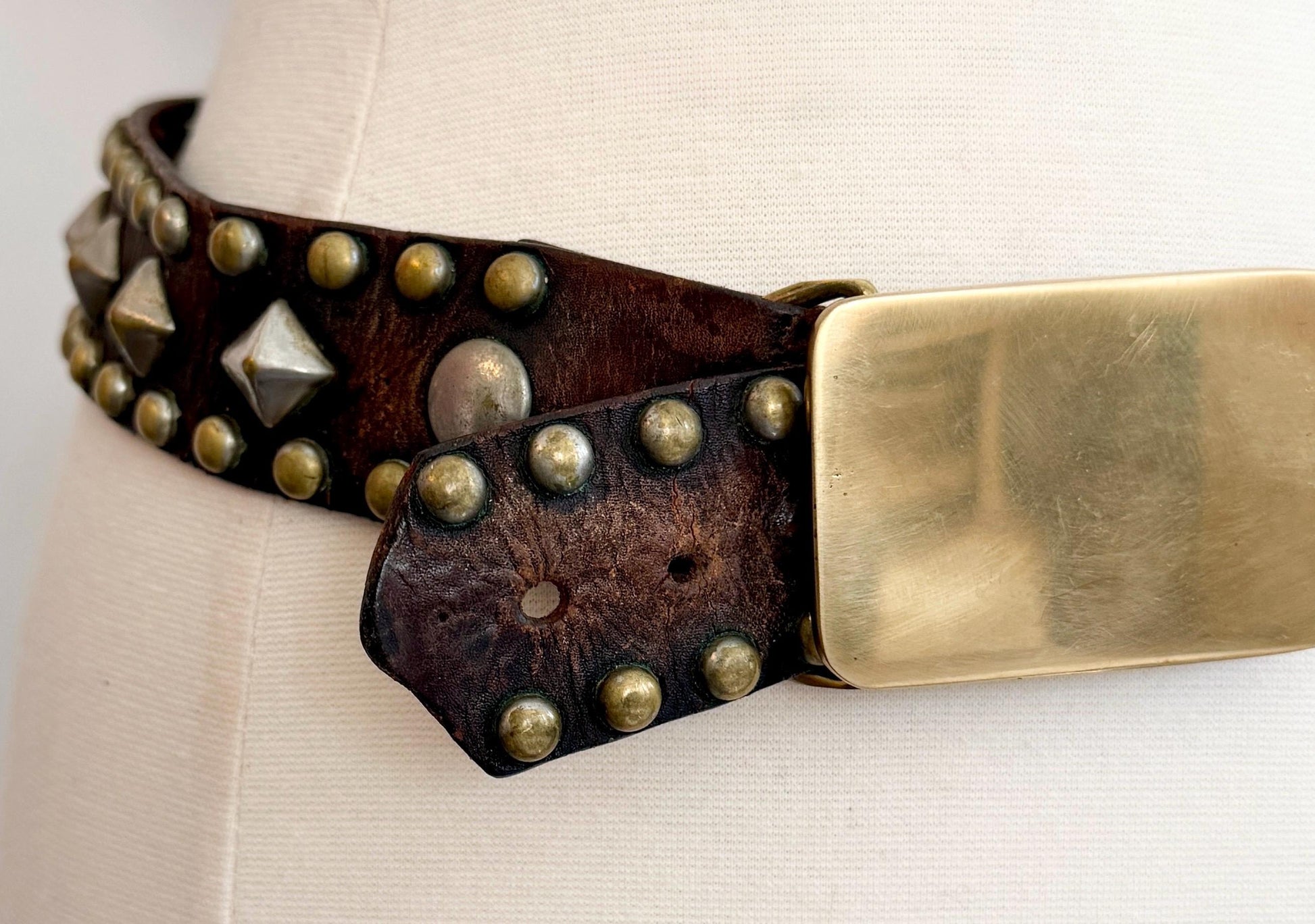 Vintage 70s Studded Leather Belt, Solid Brass Buckle, Handmade
