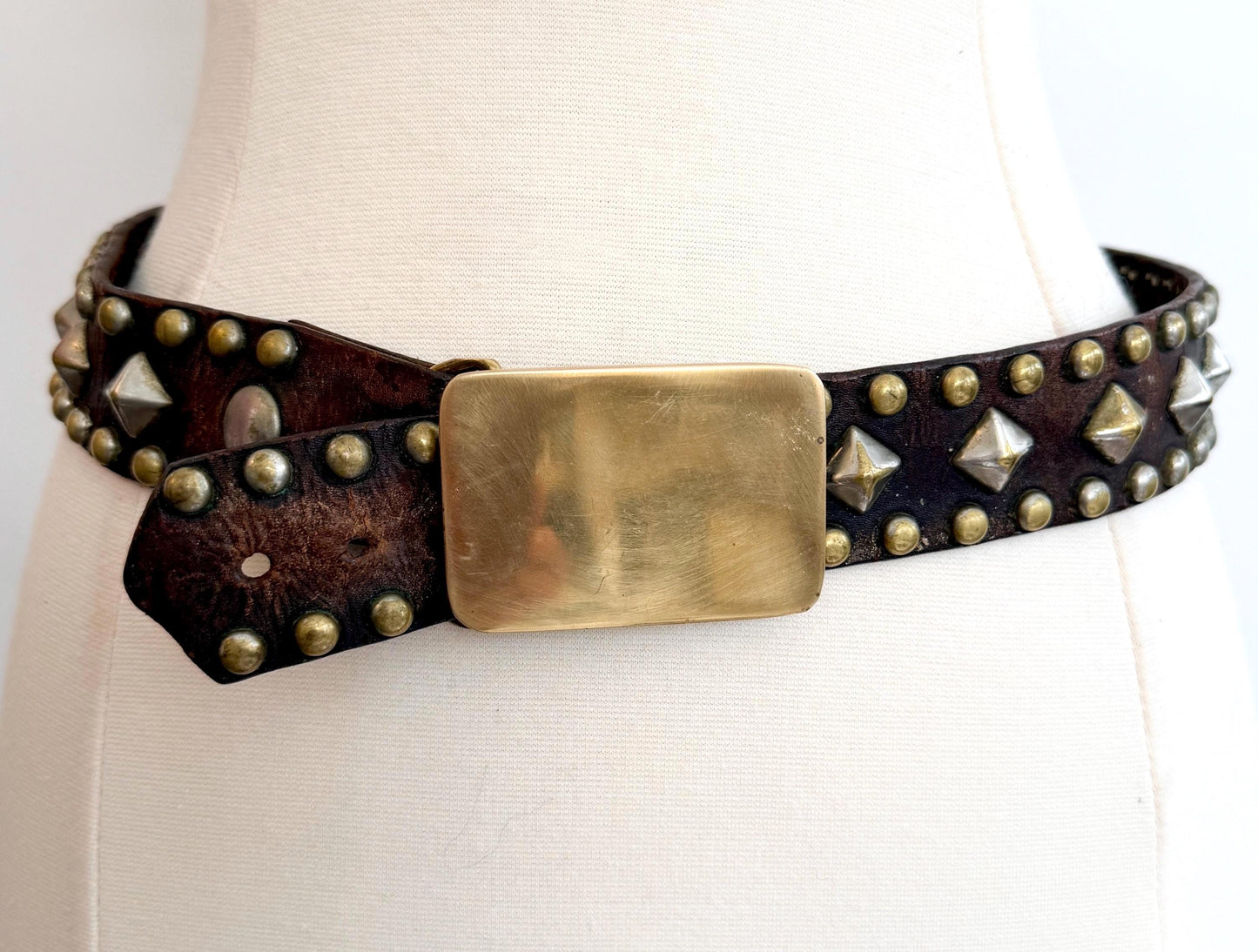 Vintage 70s Studded Leather Belt, Solid Brass Buckle, Handmade