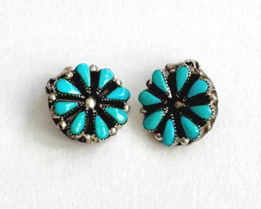 Vintage Zuni Turquoise Sterling Silver Petit Point Clip On Earrings