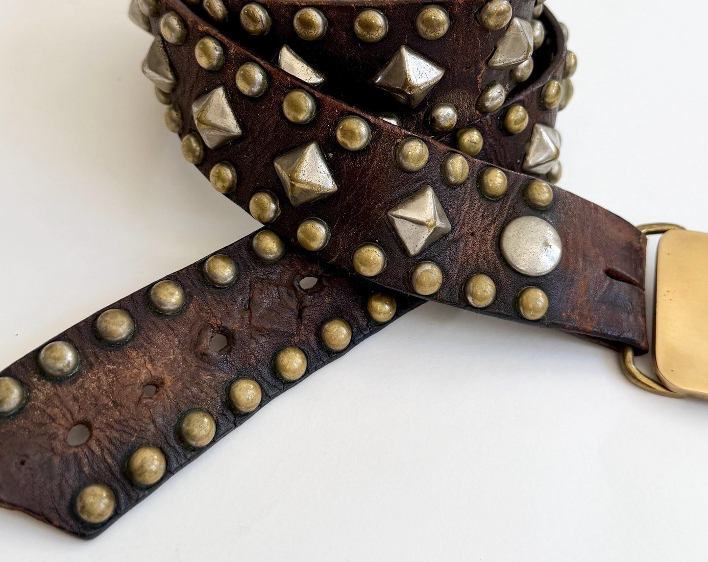 Vintage 70s Studded Leather Belt, Solid Brass Buckle, Handmade