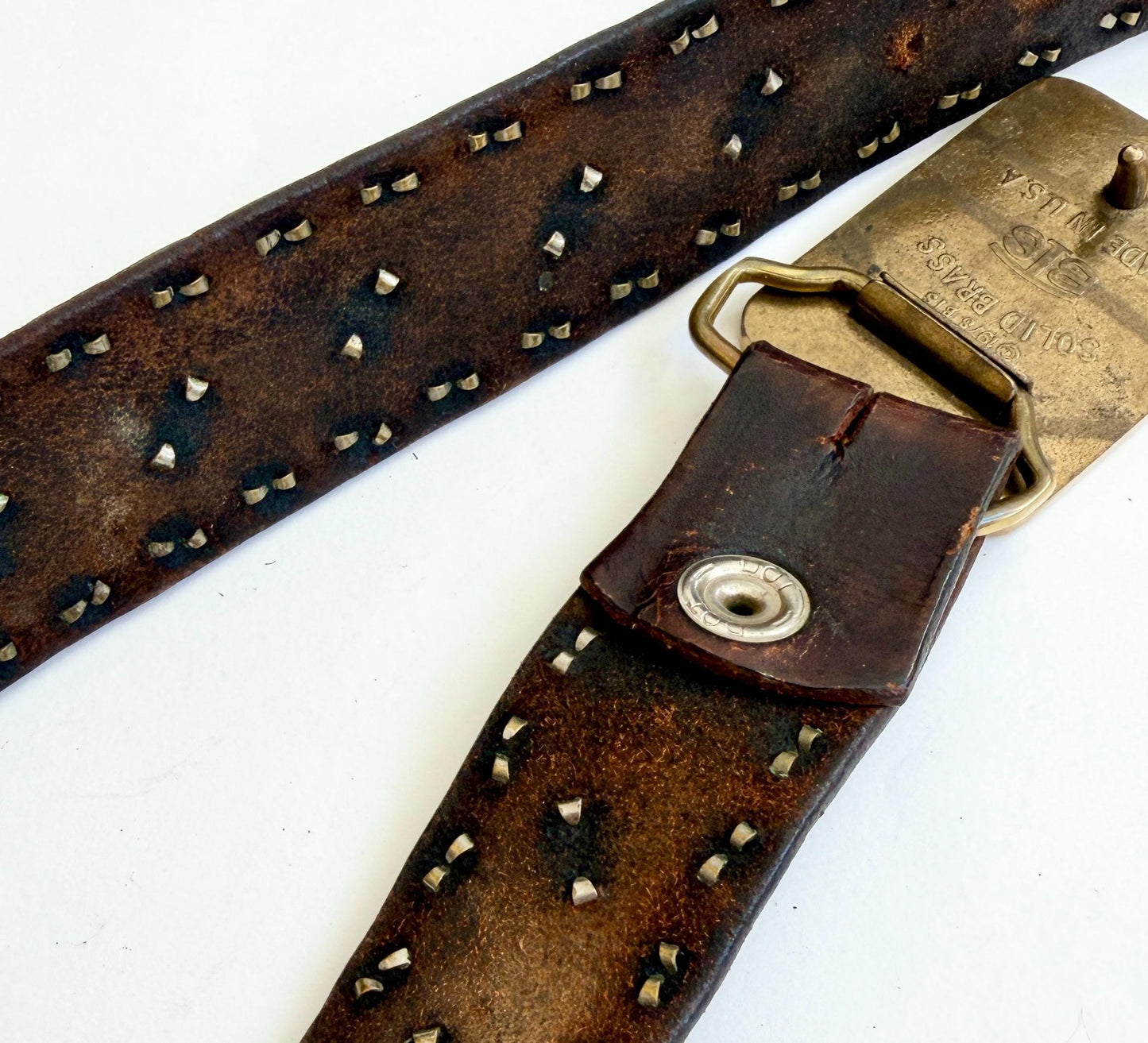 Vintage 70s Studded Leather Belt, Solid Brass Buckle, Handmade