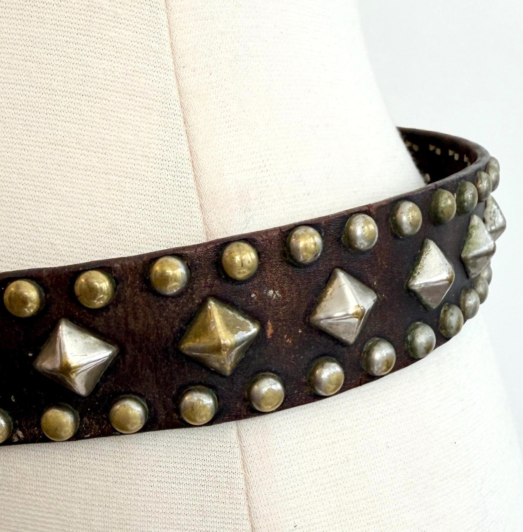 Vintage 70s Studded Leather Belt, Solid Brass Buckle, Handmade