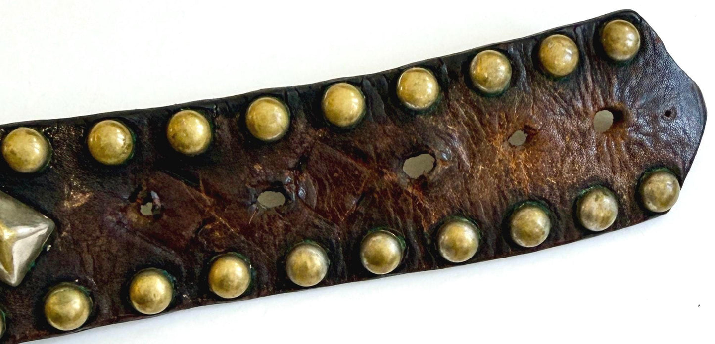 Vintage 70s Studded Leather Belt, Solid Brass Buckle, Handmade