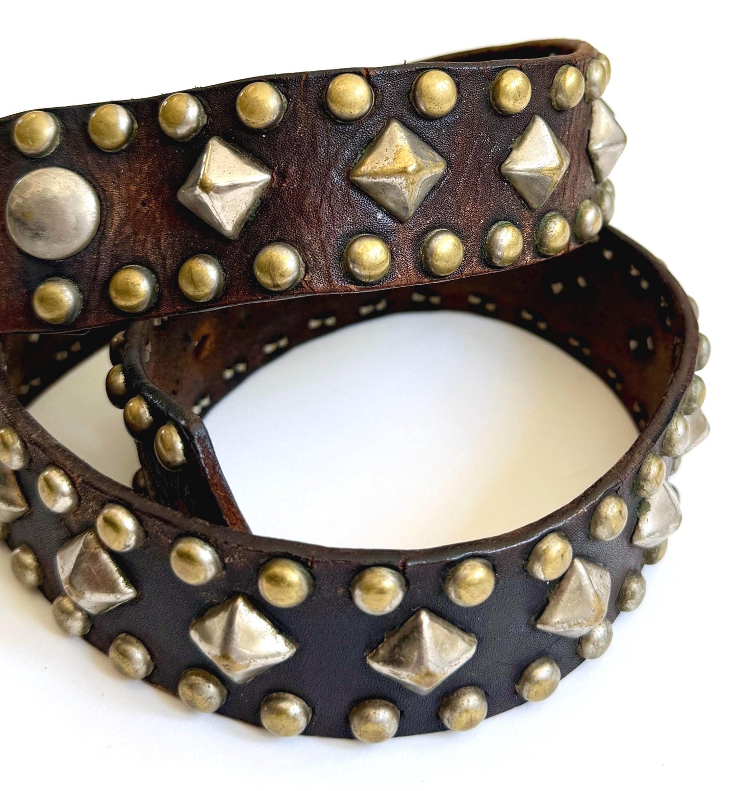 Vintage 70s Studded Leather Belt, Solid Brass Buckle, Handmade