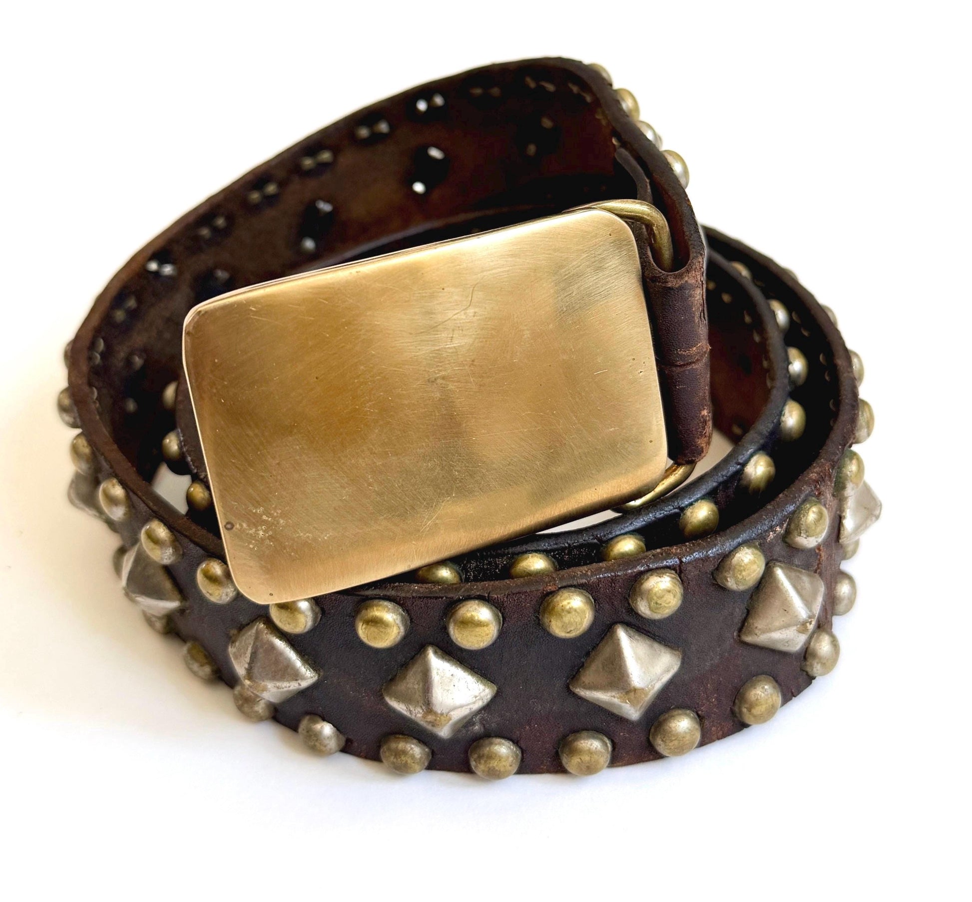 Vintage 70s Studded Leather Belt, Solid Brass Buckle, Handmade