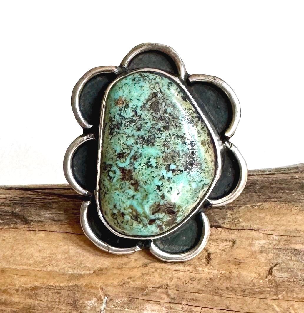Large Navajo Turquoise Ring Vintage 50's Signed Native American Handmade Sterling Silver Flower Floral Western Southwest Ring Size 7.25