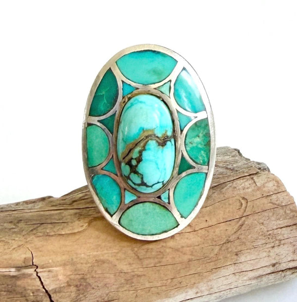 Vintage Zuni Turquoise Ring Signed Native American Sterling Silver