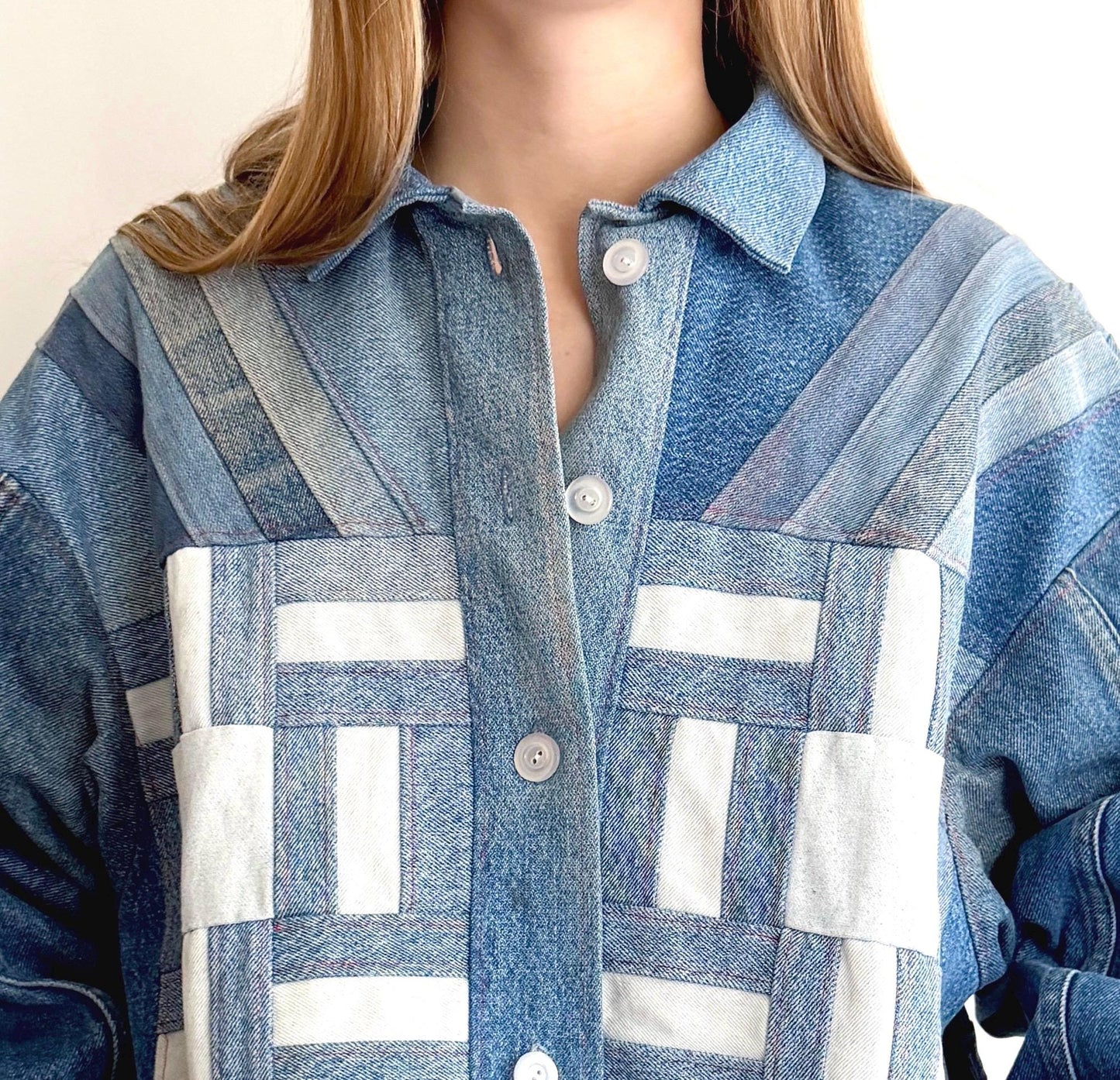 Vintage Handmade Upcycled Patchwork Denim Jacket Wearable Fiber Art