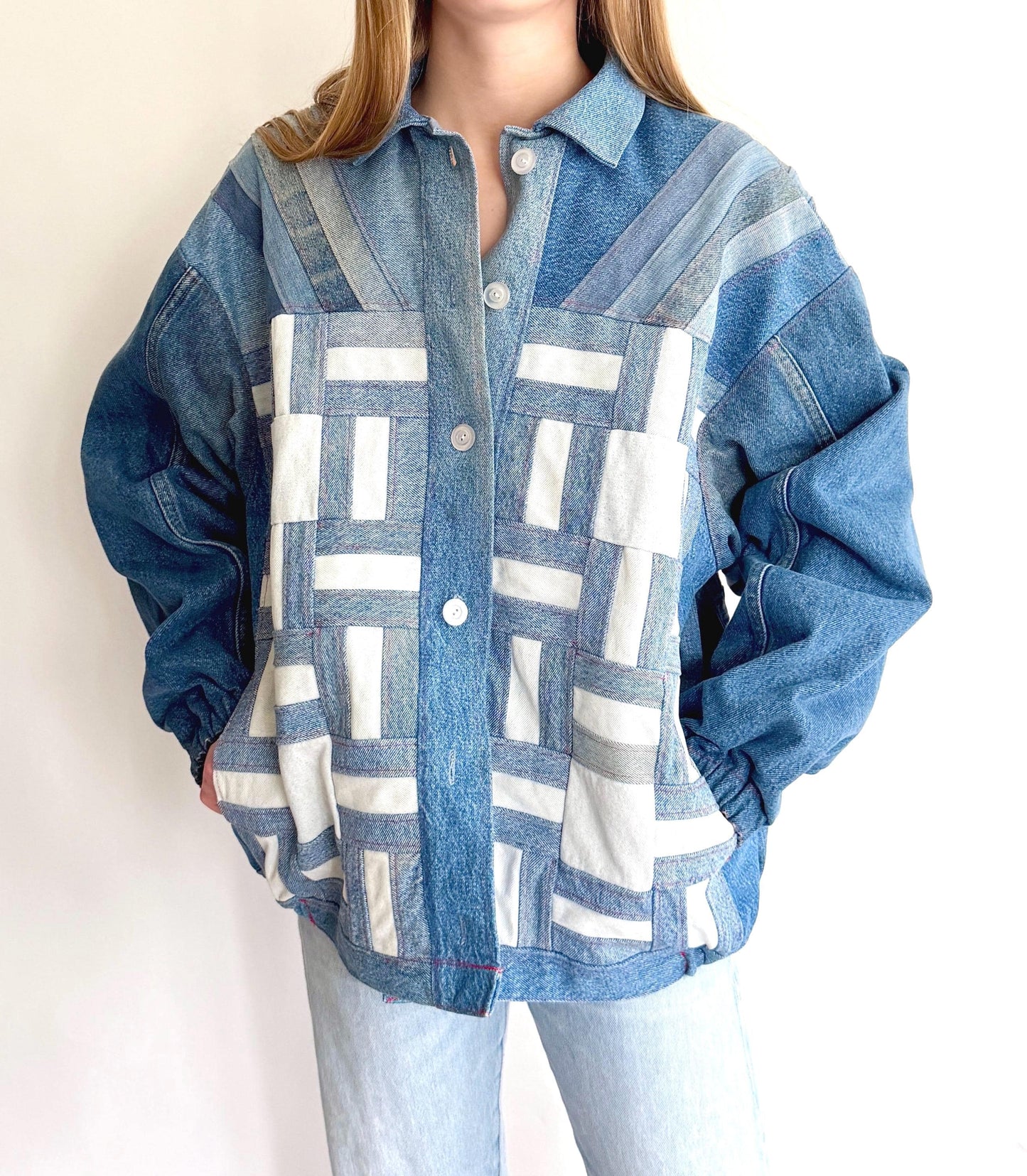 Vintage Handmade Upcycled Patchwork Denim Jacket Wearable Fiber Art