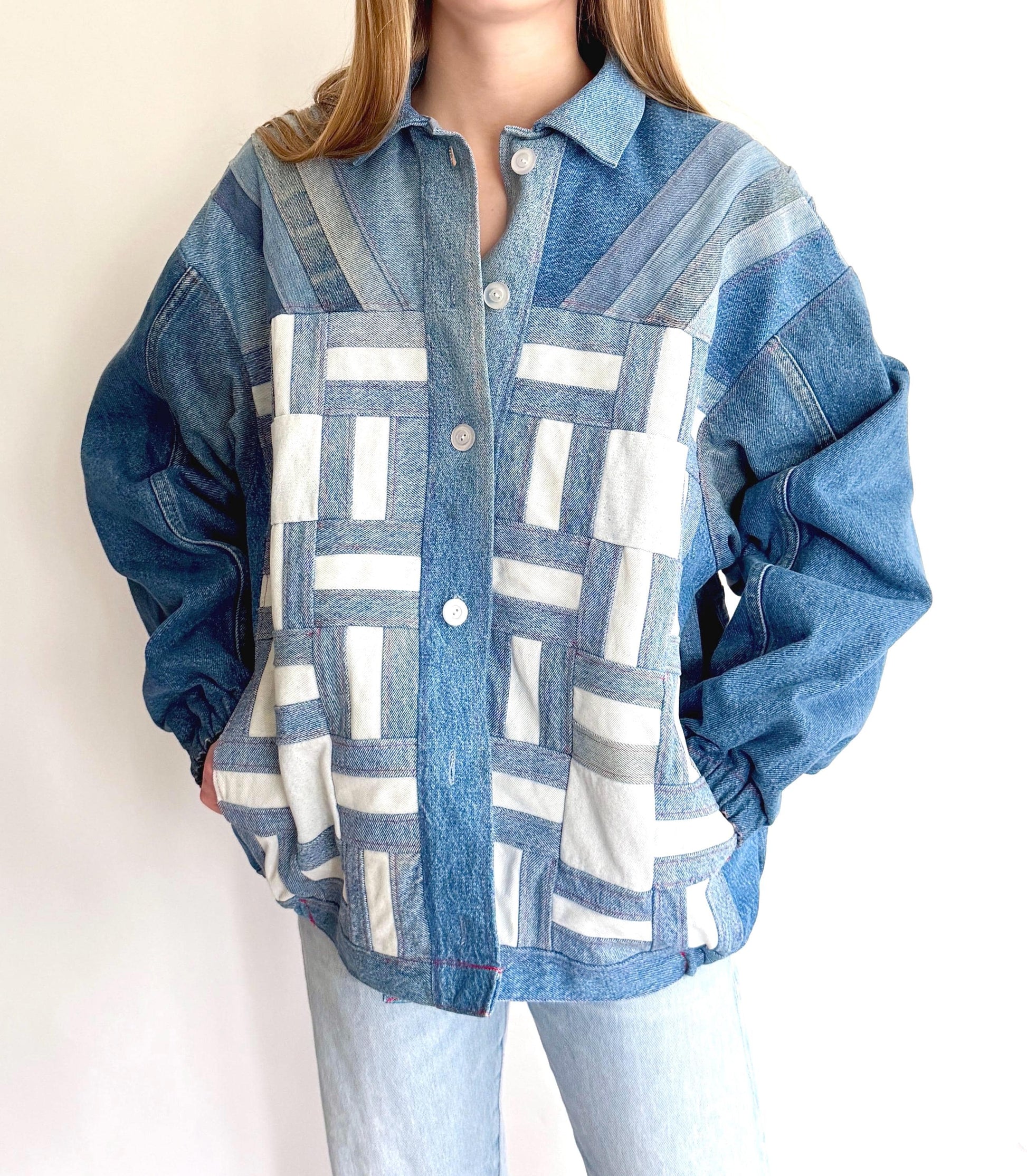Vintage Handmade Upcycled Patchwork Denim Jacket Wearable Fiber Art
