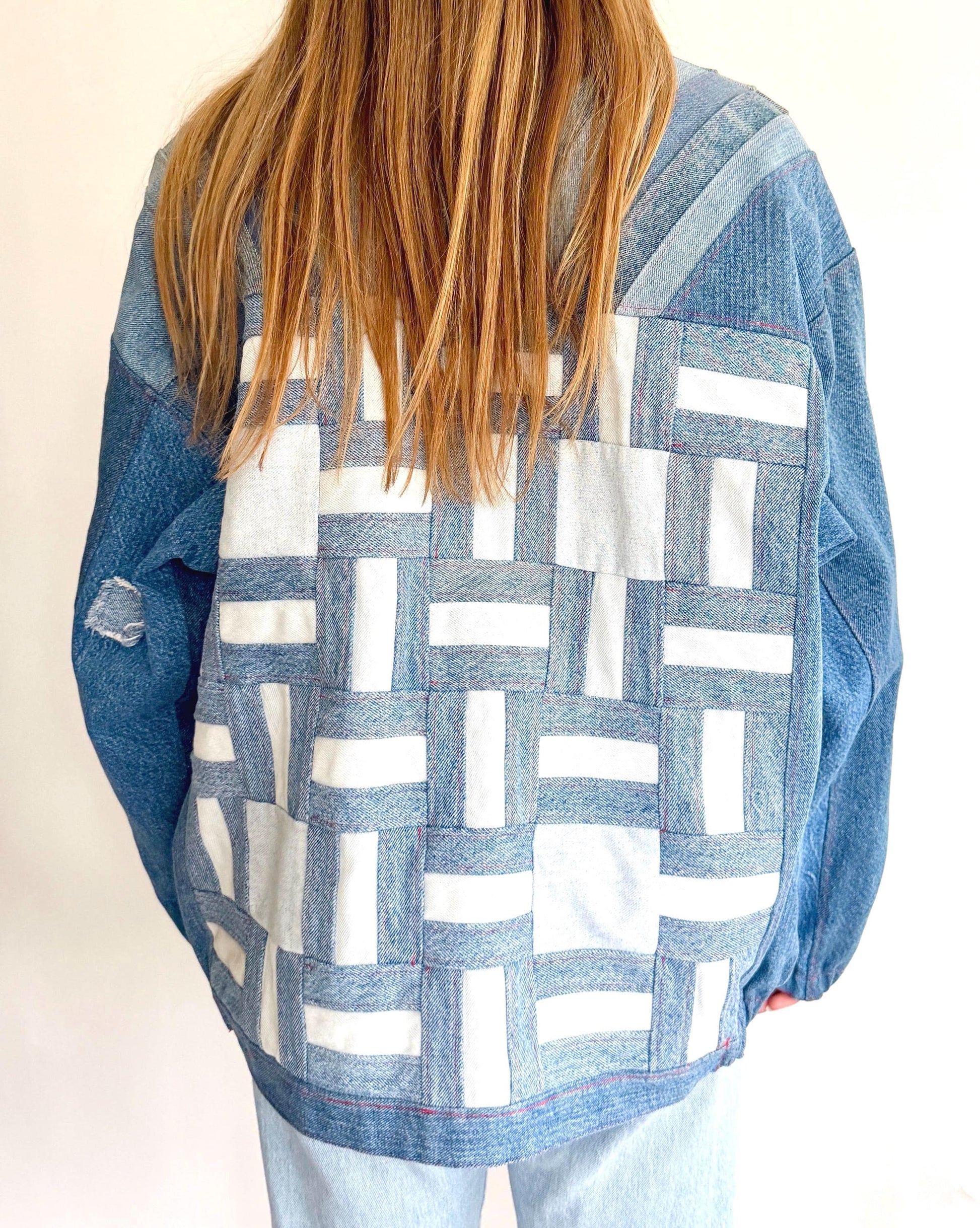 Vintage Handmade Upcycled Patchwork Denim Jacket Wearable Fiber Art