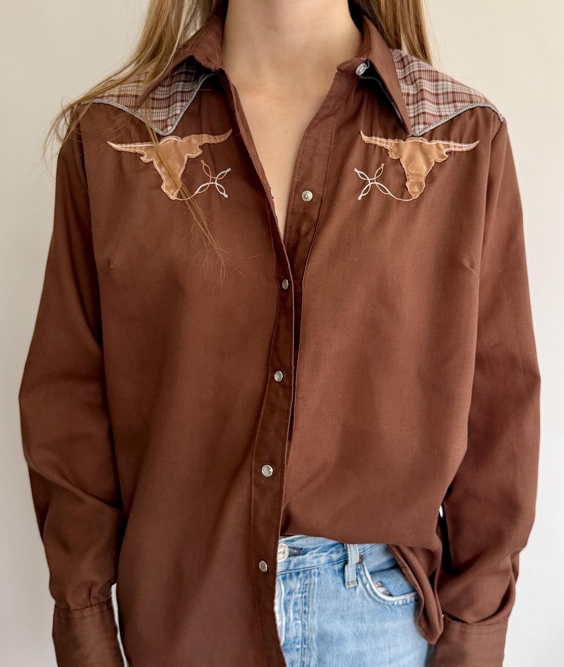 Vintage Rockmount Western Pearl Snap Shirt Short Horn Bull Head Appliqué