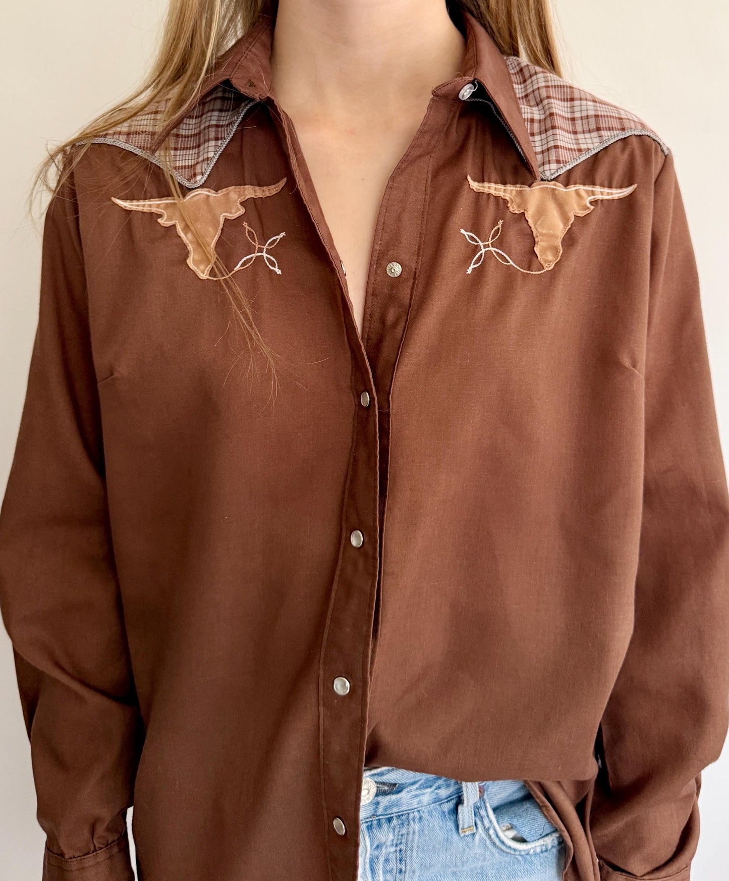 Vintage Rockmount Western Pearl Snap Shirt Short Horn Bull Head Appliqué