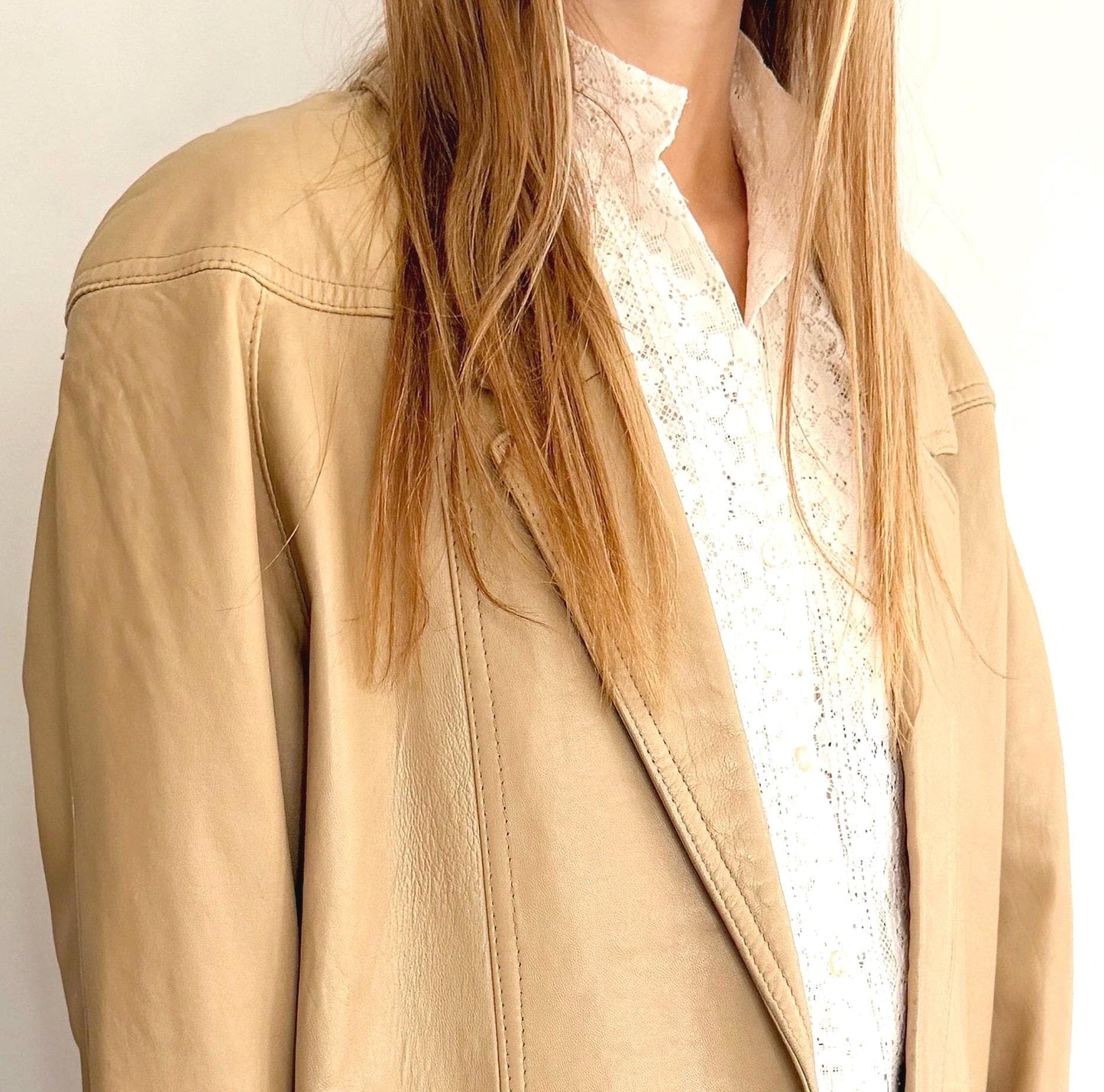 Vintage Beige Leather Jacket 80s 90s Loose Oversized Fit