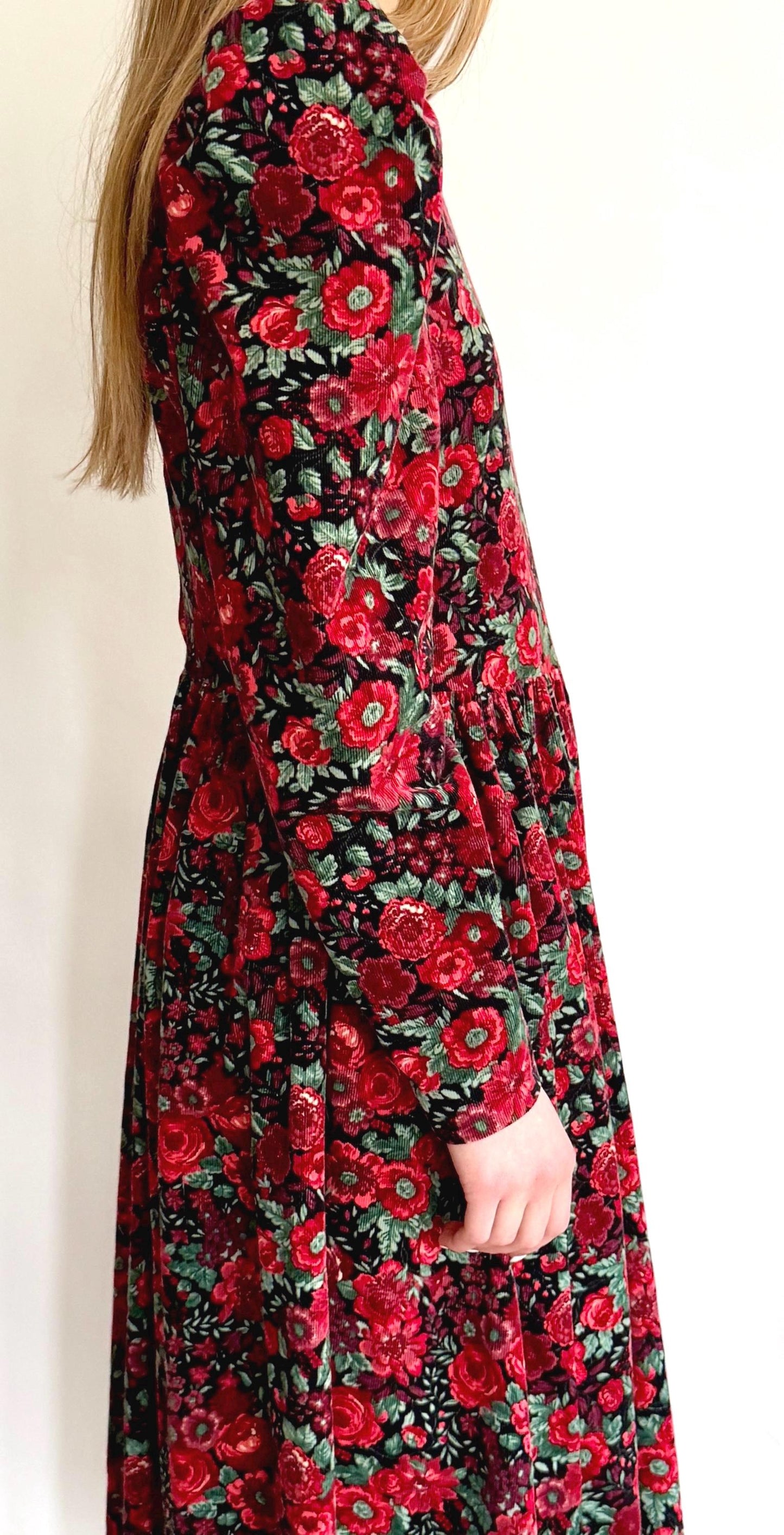 Vintage Laura Ashley Prairie Dress: Red Floral Corduroy, Puff Sleeves