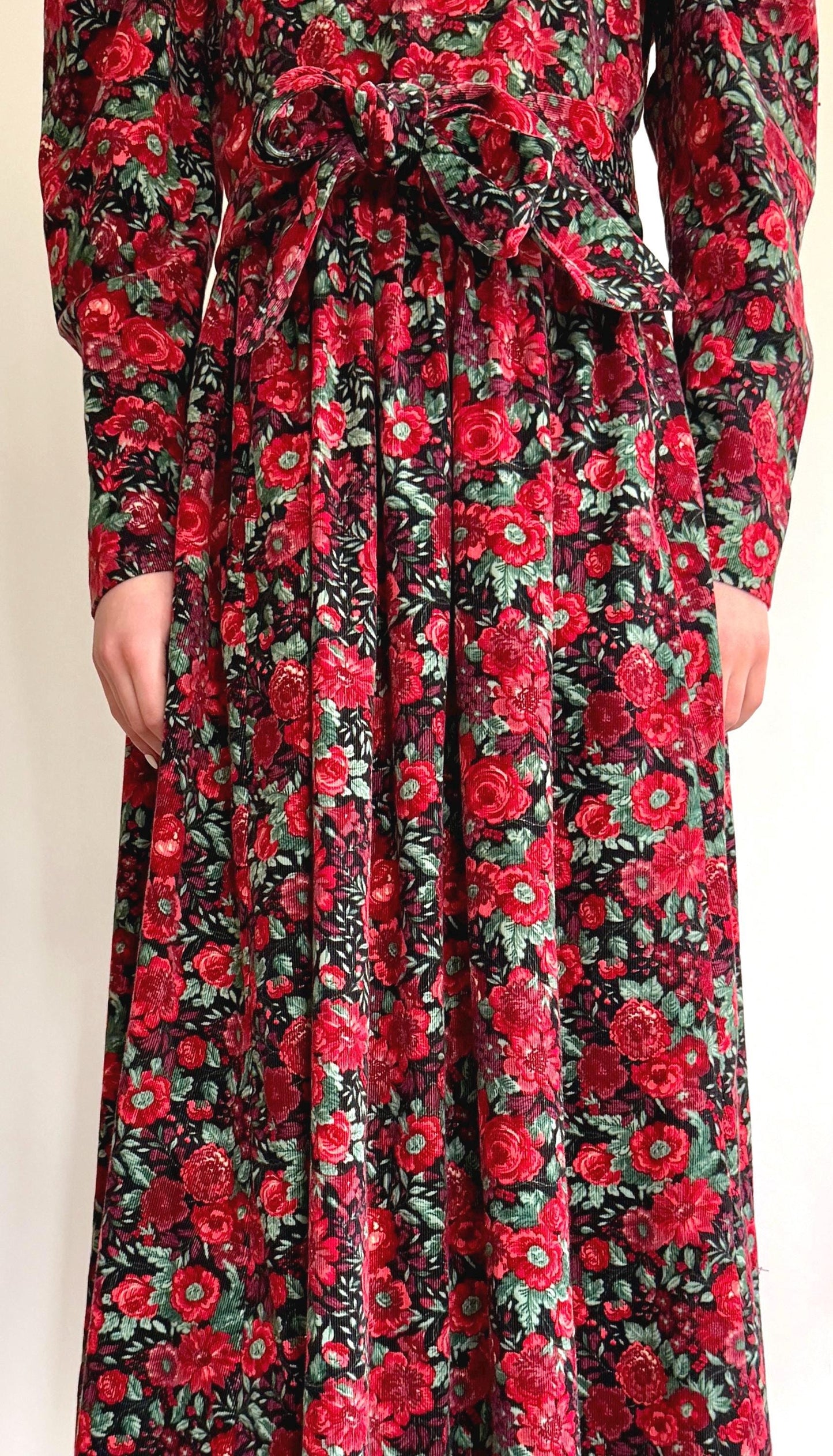 Vintage Laura Ashley Prairie Dress: Red Floral Corduroy, Puff Sleeves