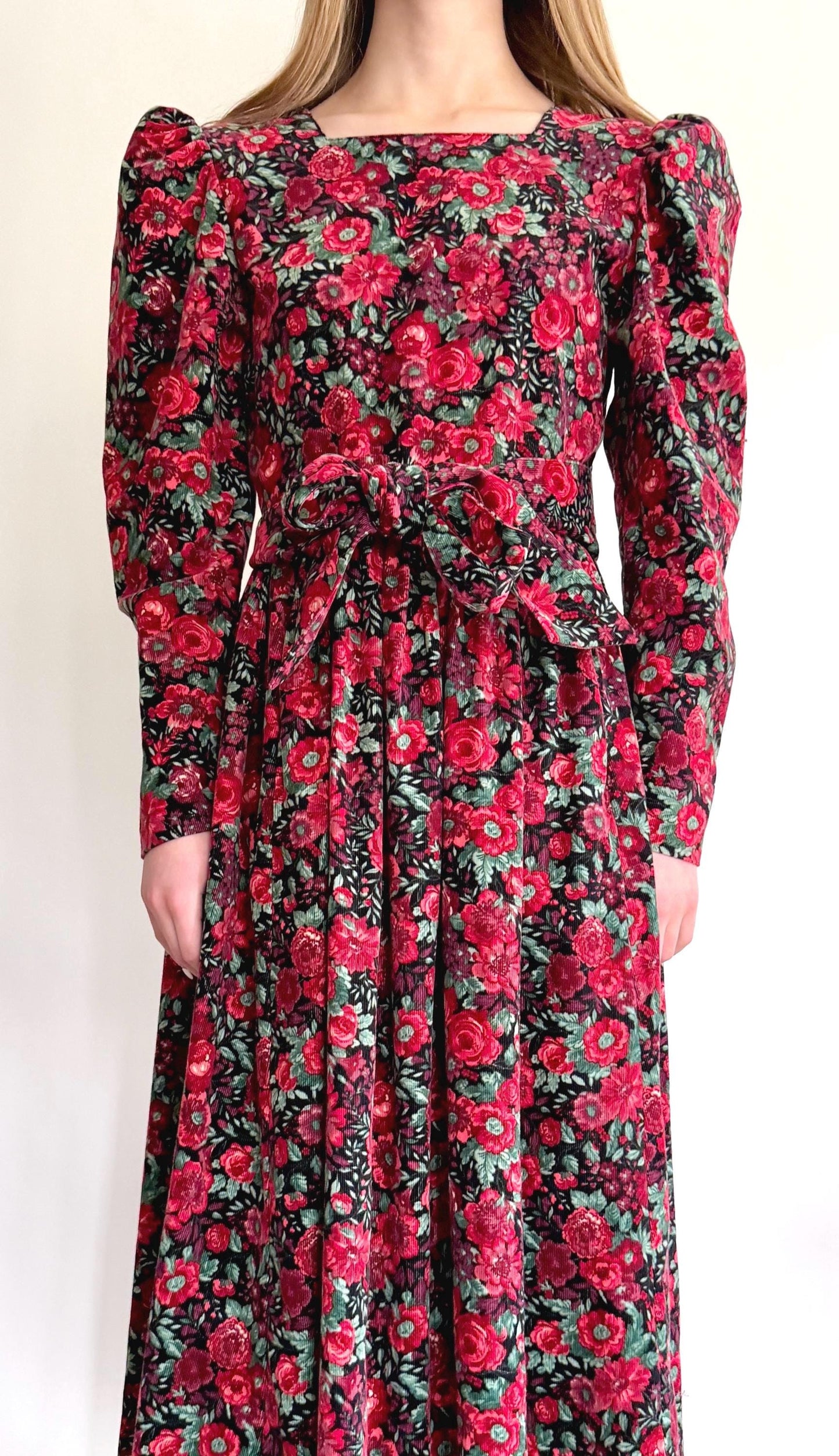 Vintage Laura Ashley Prairie Dress: Red Floral Corduroy, Puff Sleeves