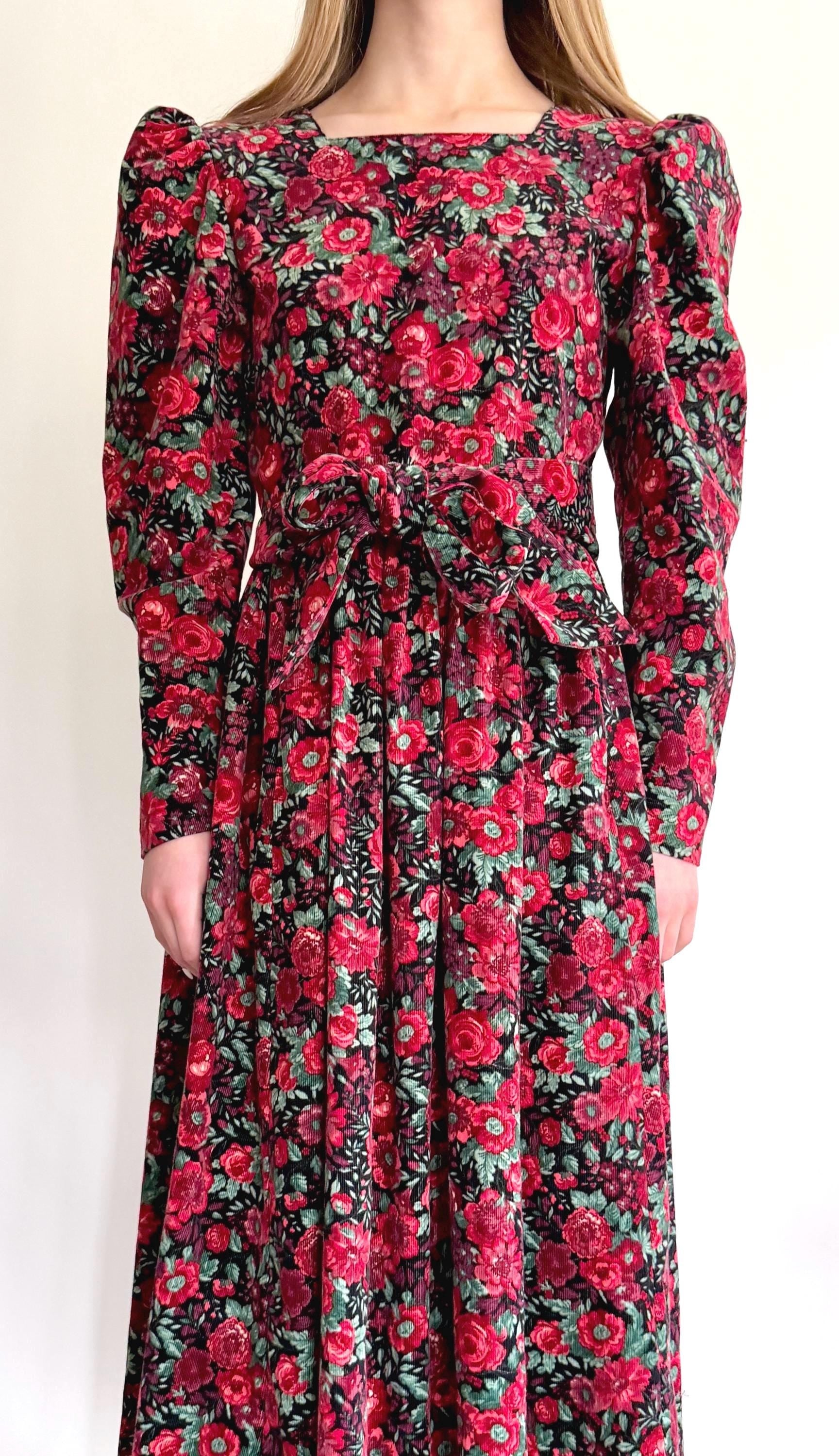 Vintage Laura Ashley Prairie Dress: Red Floral Corduroy, Puff Sleeves