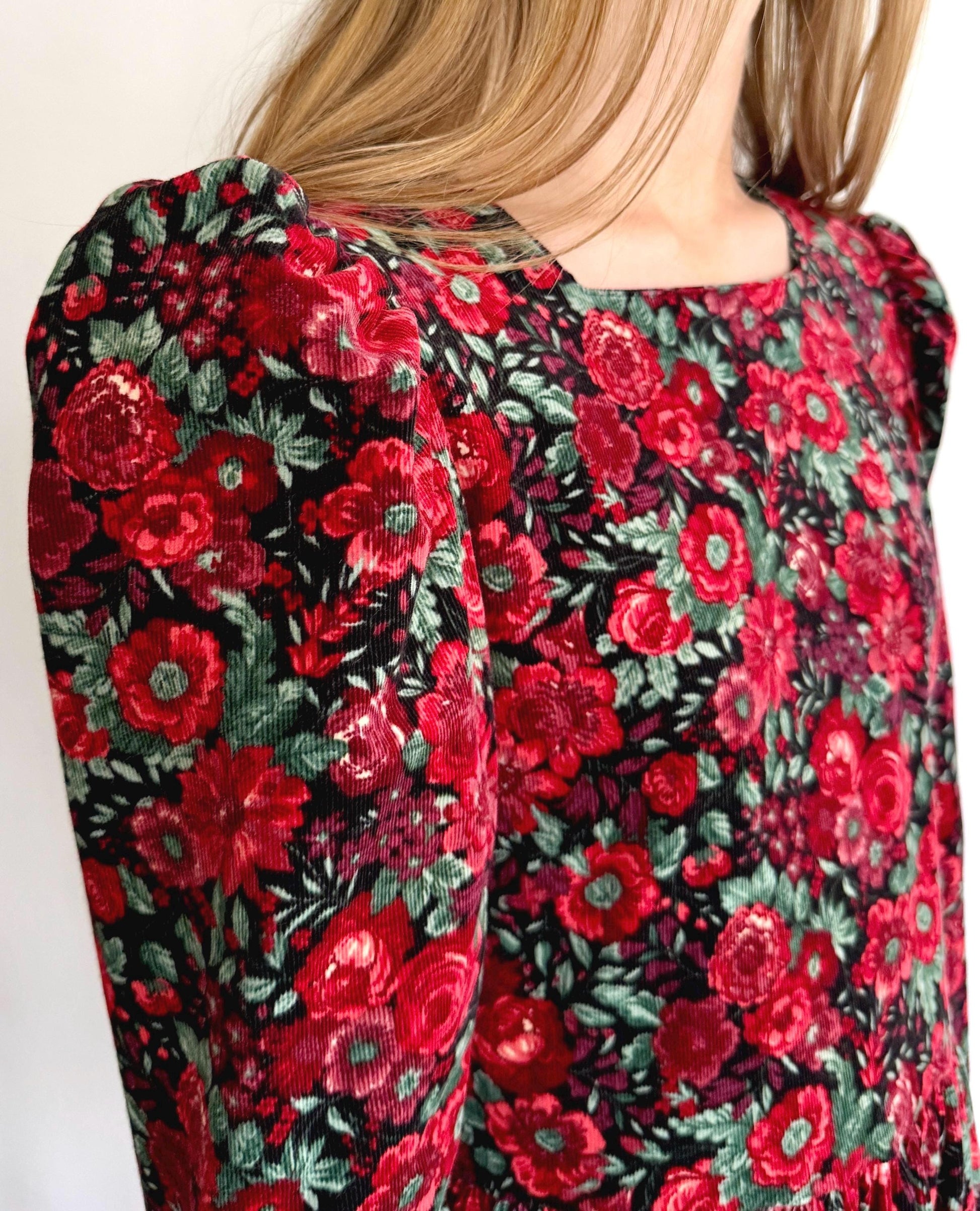Vintage Laura Ashley Prairie Dress: Red Floral Corduroy, Puff Sleeves