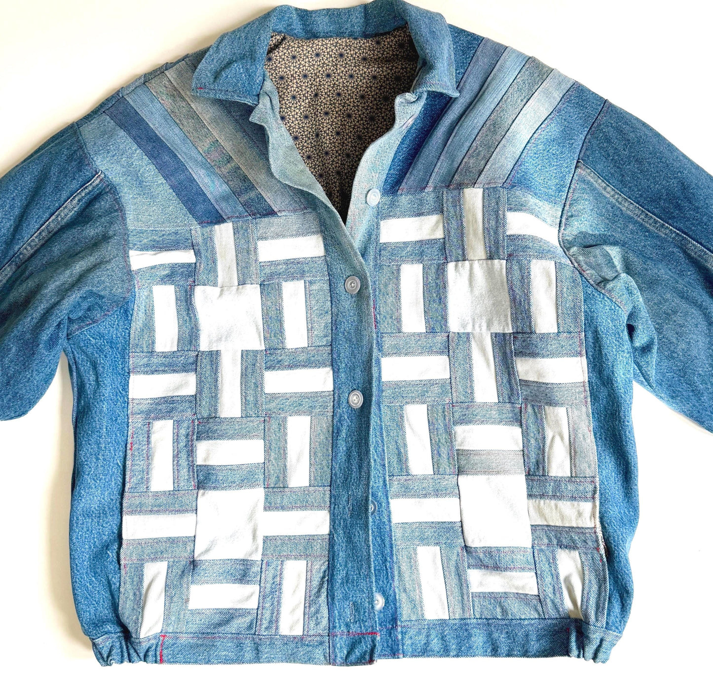 Vintage Handmade Upcycled Patchwork Denim Jacket Wearable Fiber Art