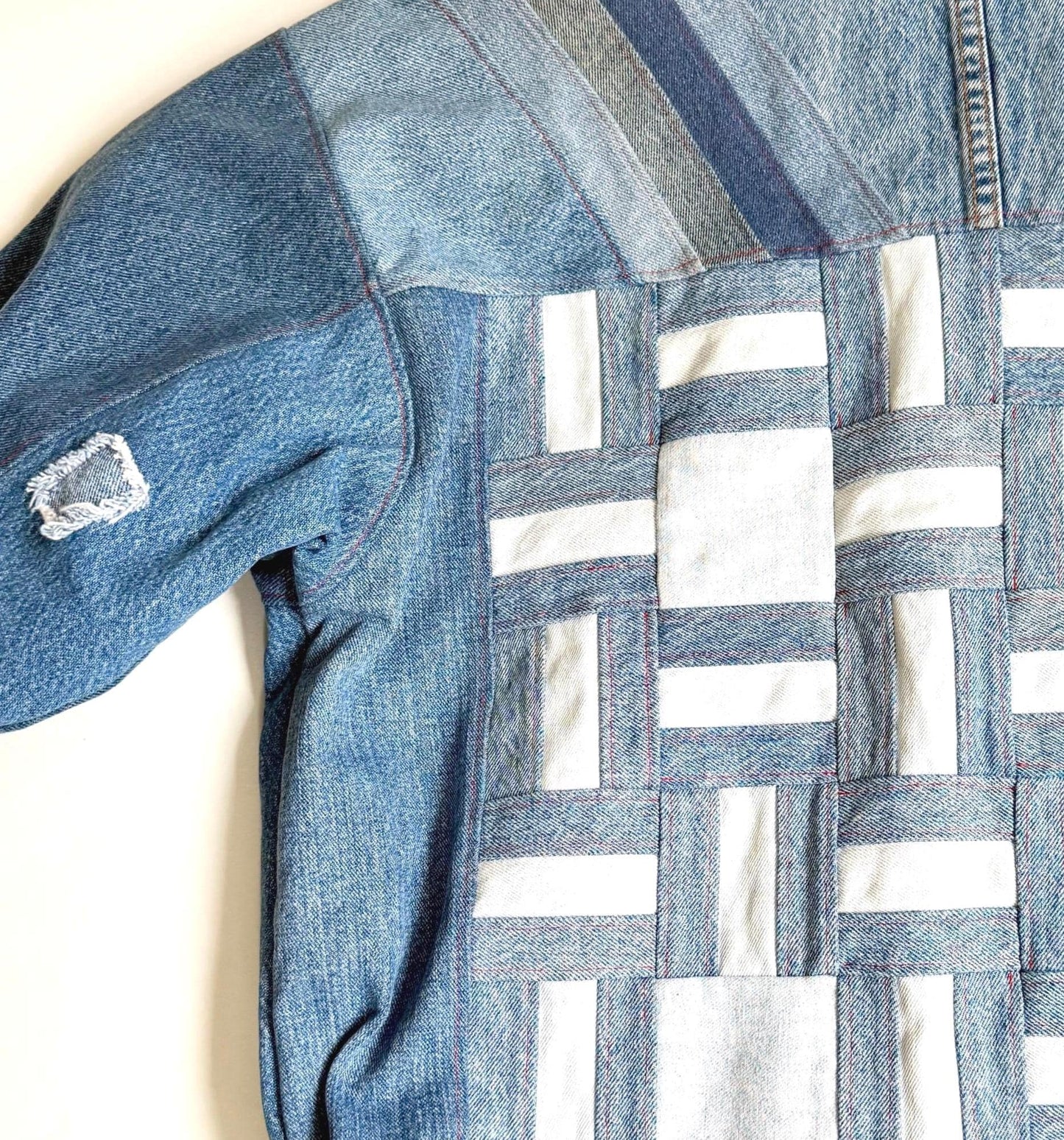Vintage Handmade Upcycled Patchwork Denim Jacket Wearable Fiber Art