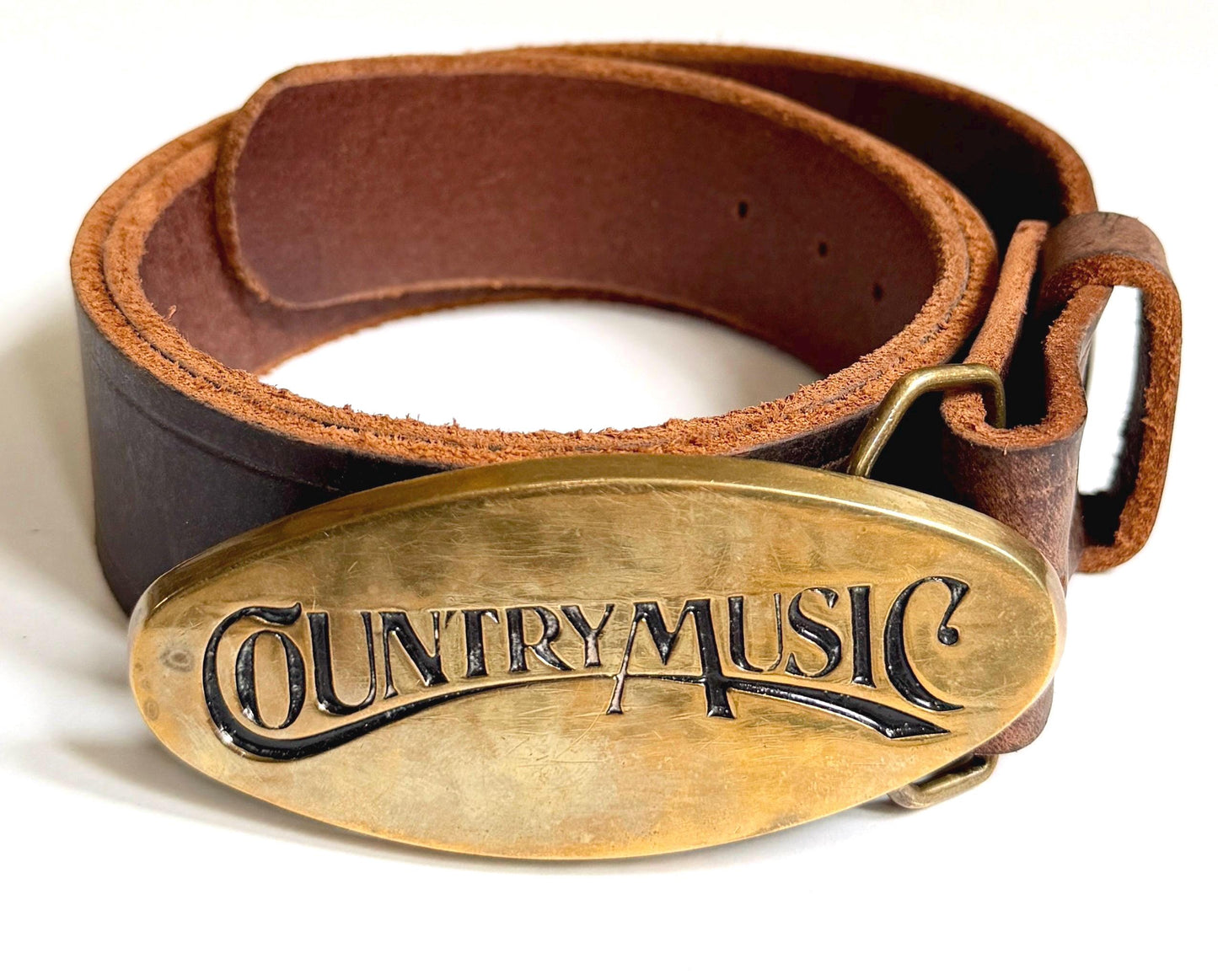 Vintage Country Music Solid Brass Buckle Brown Leather Belt