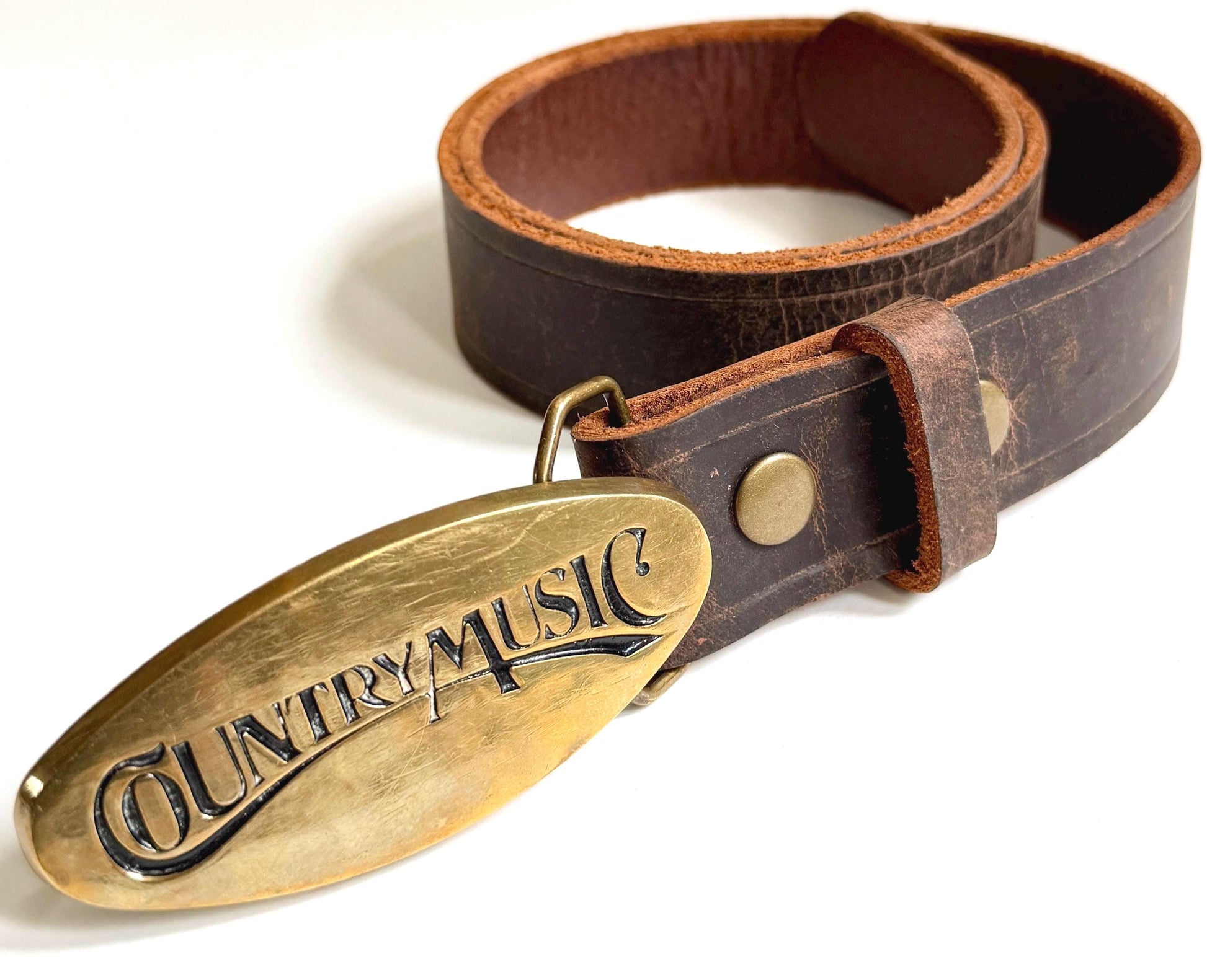 Vintage Country Music Solid Brass Buckle Brown Leather Belt
