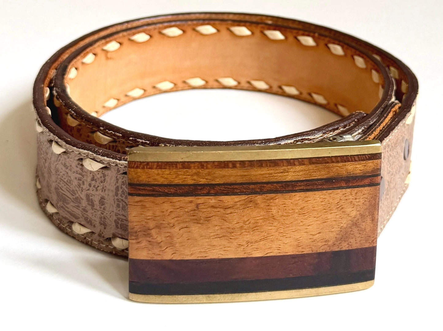 Vintage Kenneth Reid Brass Wood Inlay Buckle Western Leather Belt Strap