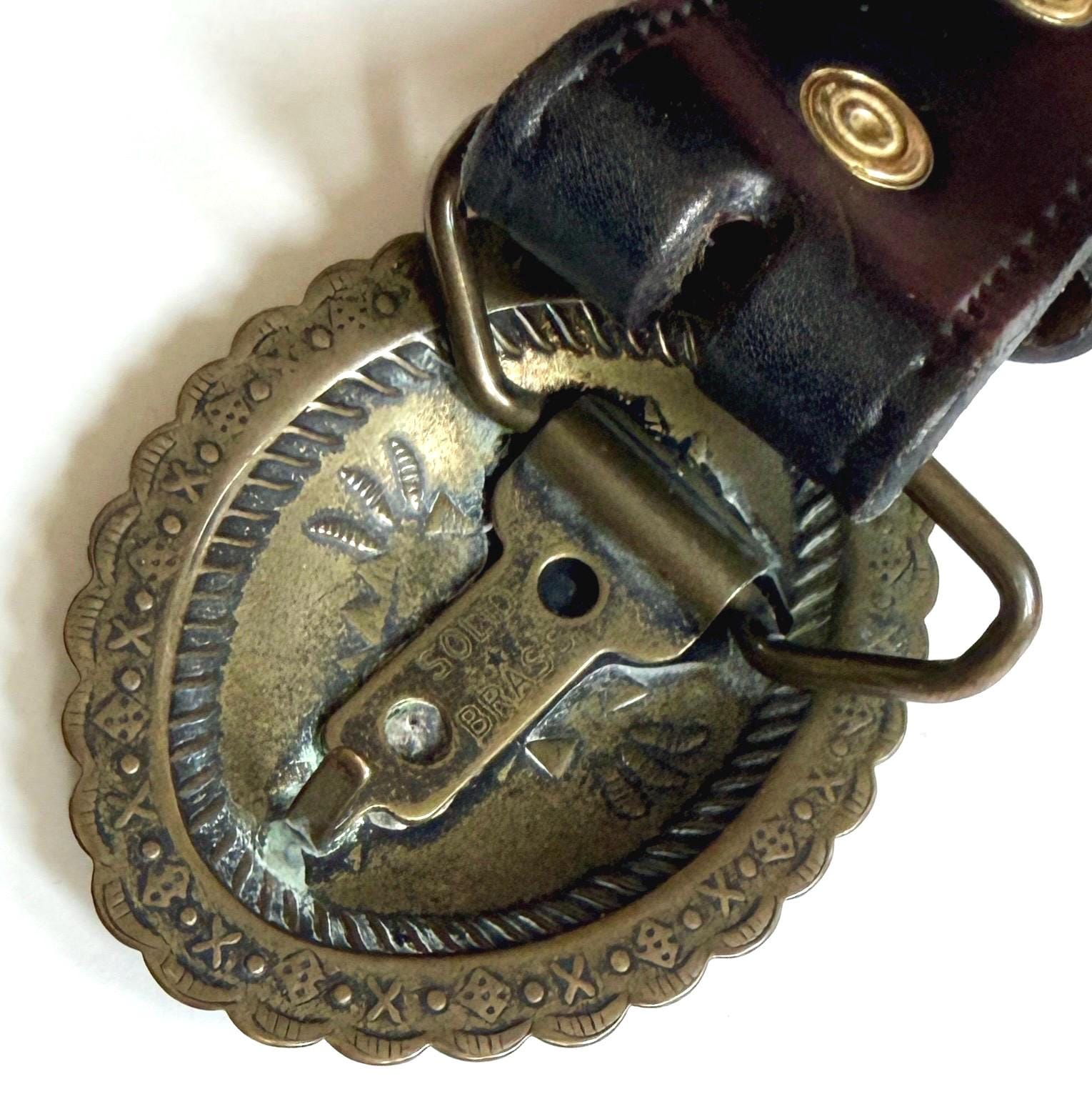 Vintage Western Concho Belt Solid Brass Navajo Style Buckle Black Leather Strap