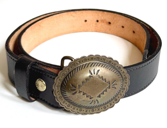 Vintage Western Concho Belt Solid Brass Navajo Style Buckle Black Leather Strap