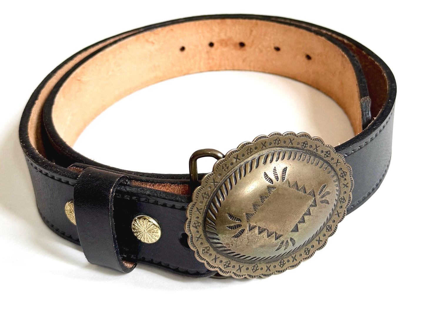 Vintage Western Concho Belt Solid Brass Navajo Style Buckle Black Leather Strap