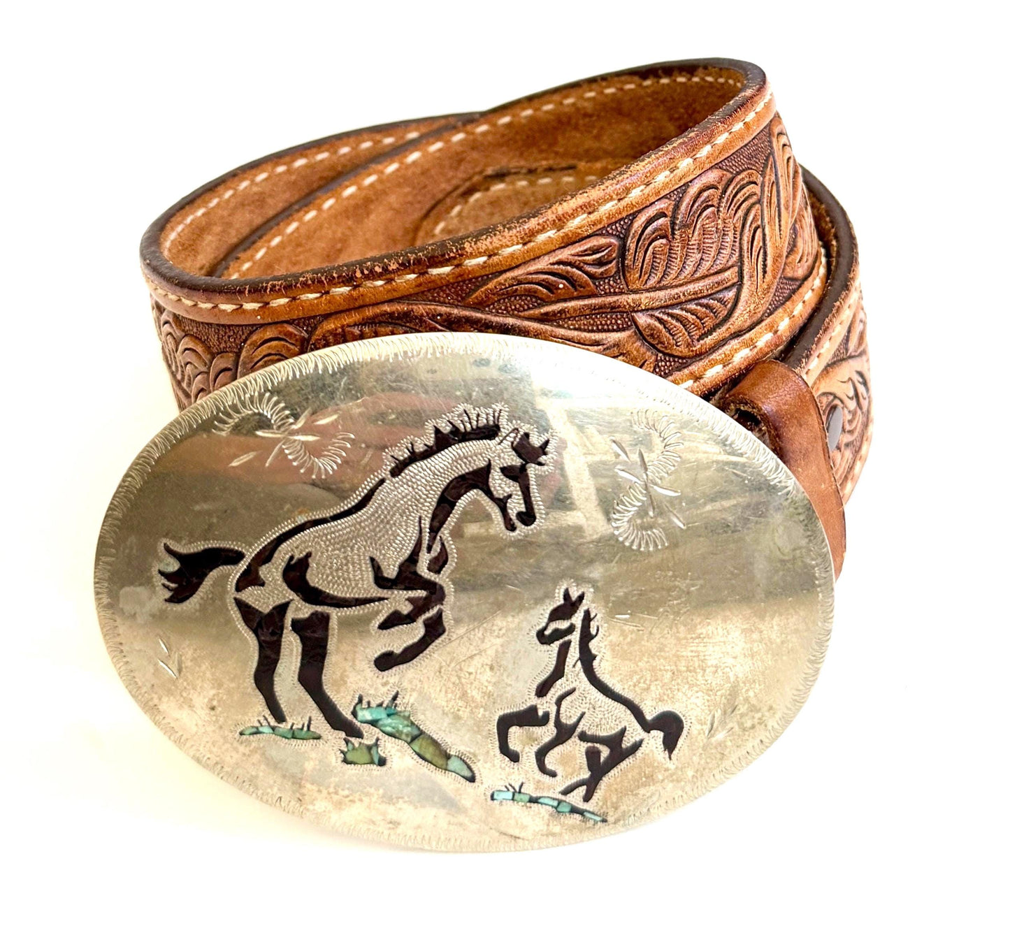 Vintage Turquoise Inlay Horse Buckle with Floral Tooled Leather Belt Strap