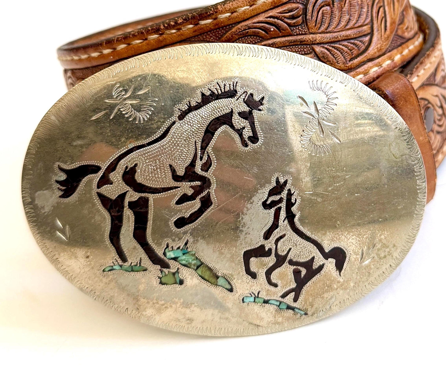 Vintage Turquoise Inlay Horse Buckle with Floral Tooled Leather Belt Strap