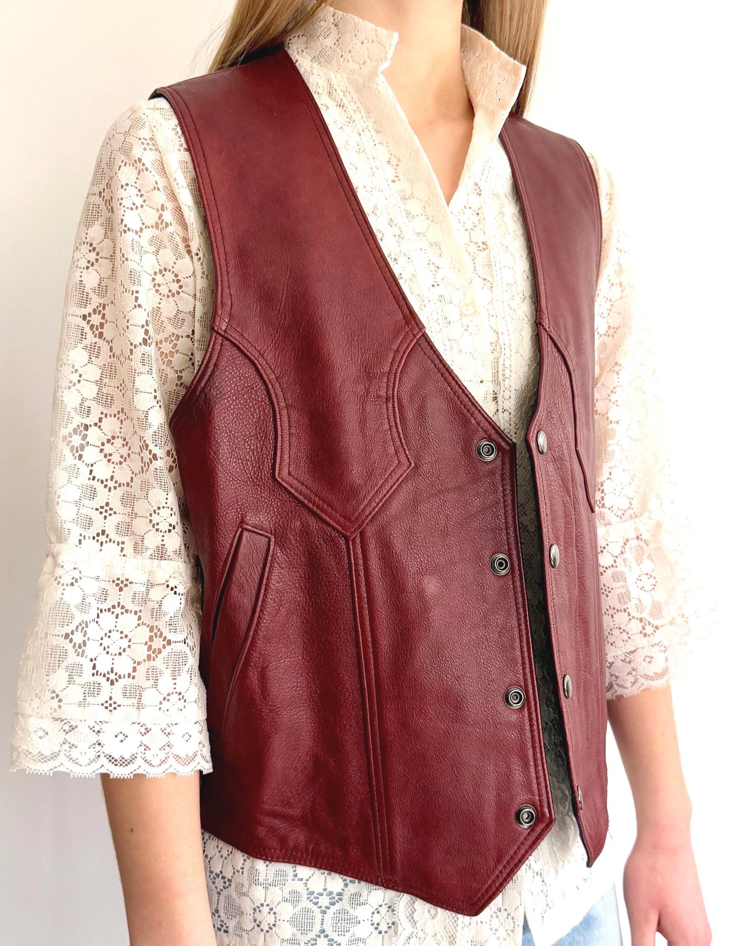 Vintage Western Oxblood Red Leather Vest Made in Mexico