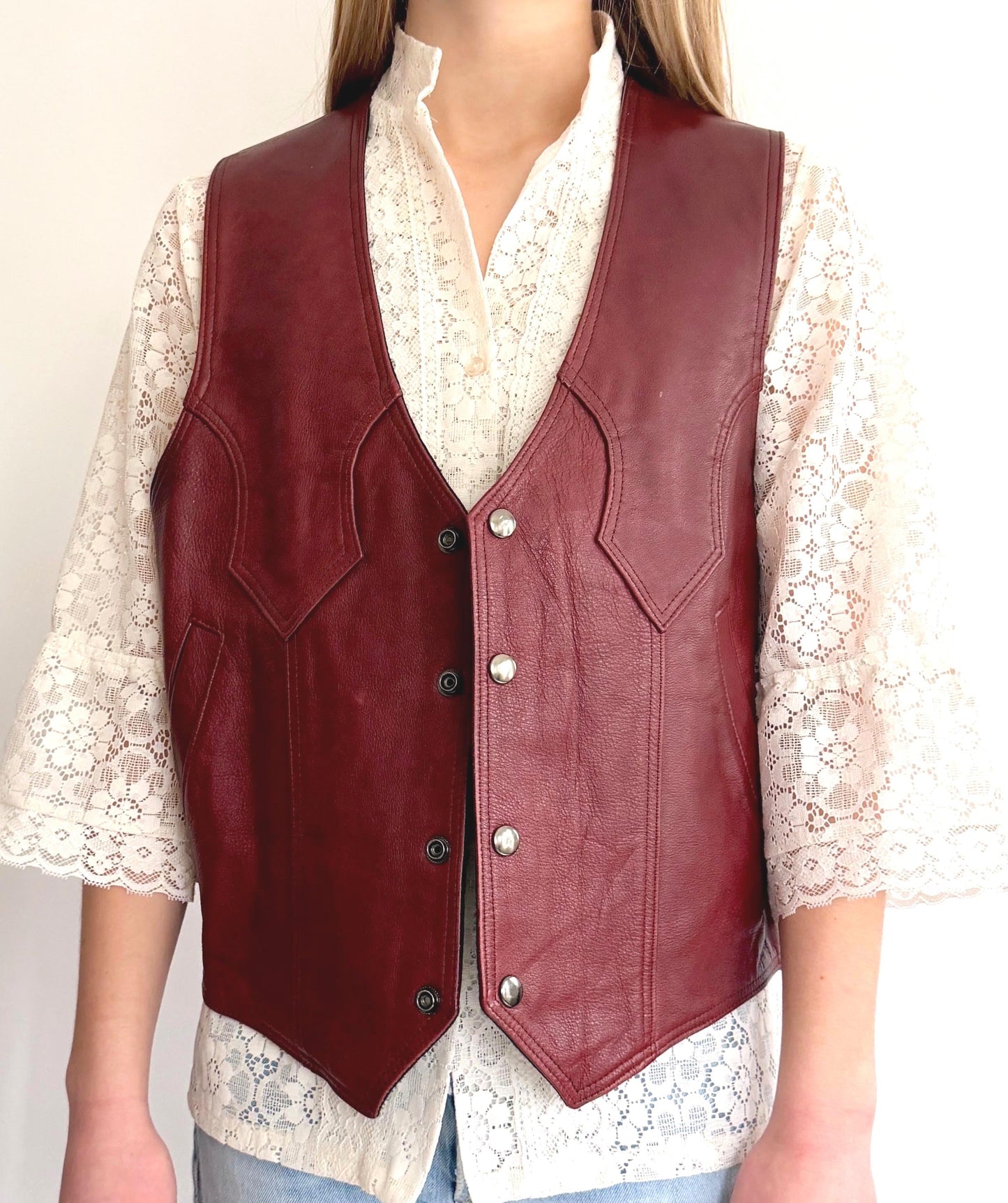 Vintage Western Oxblood Red Leather Vest Made in Mexico