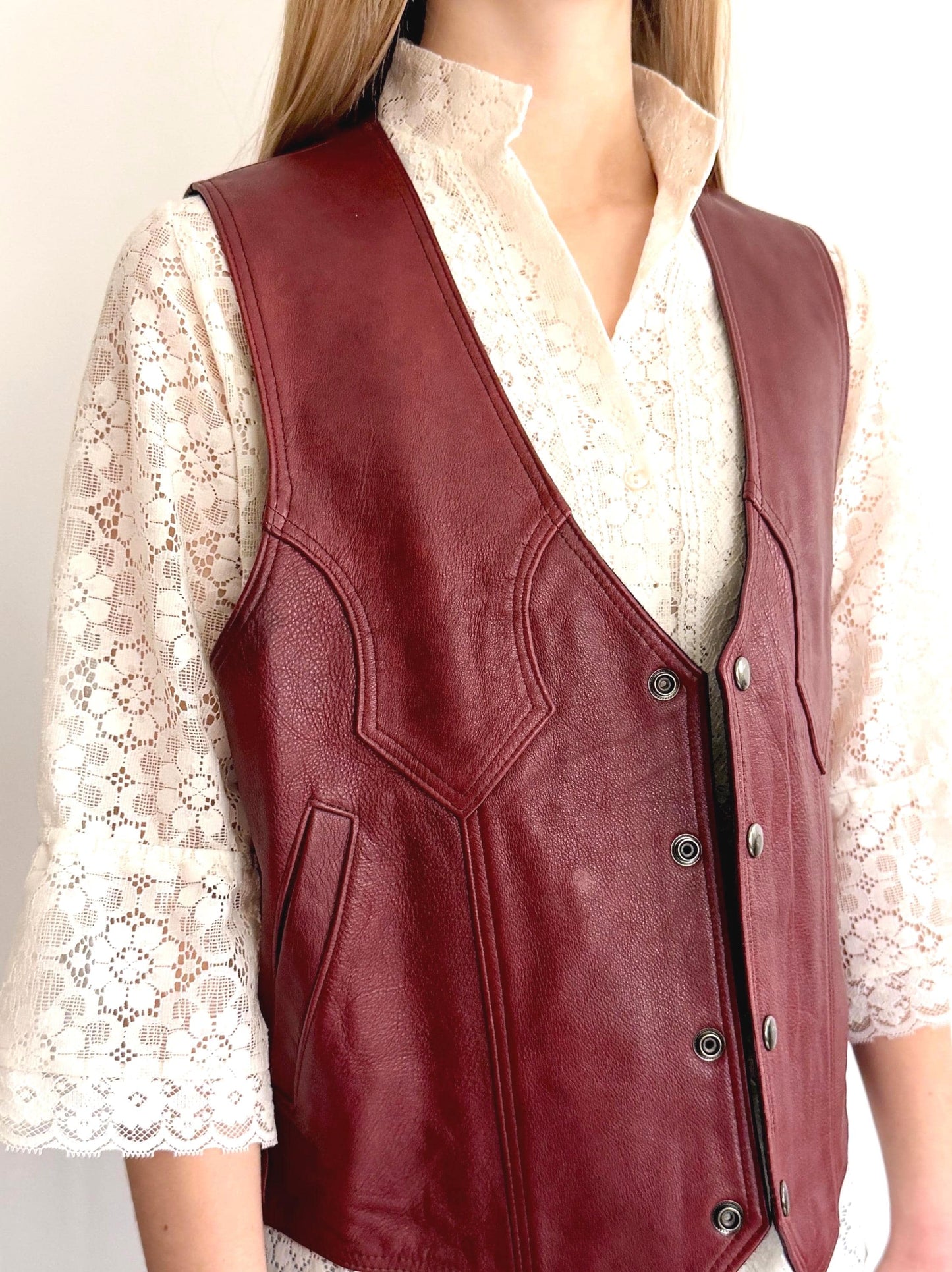 Vintage Western Oxblood Red Leather Vest Made in Mexico