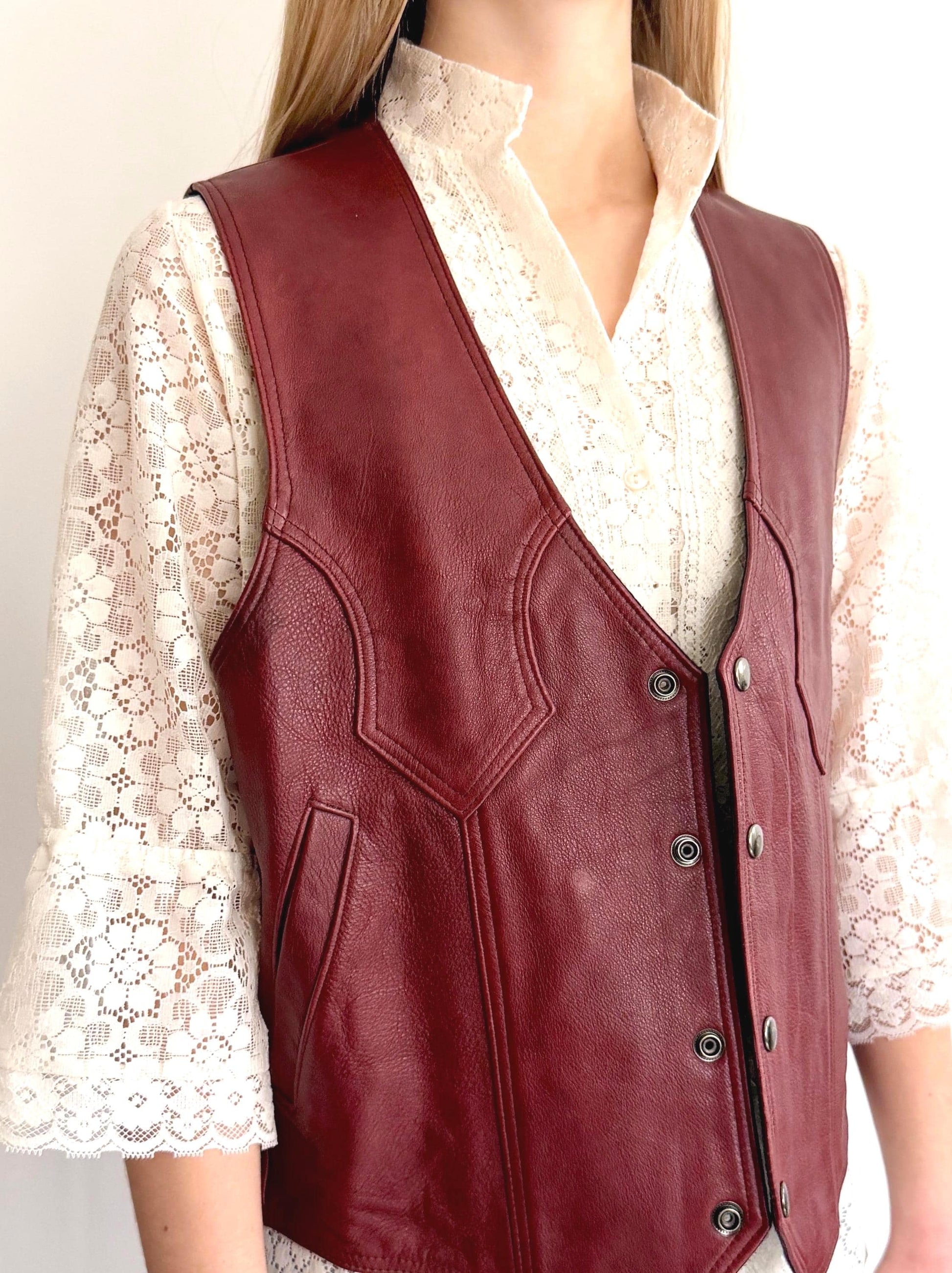 Vintage Western Oxblood Red Leather Vest Made in Mexico