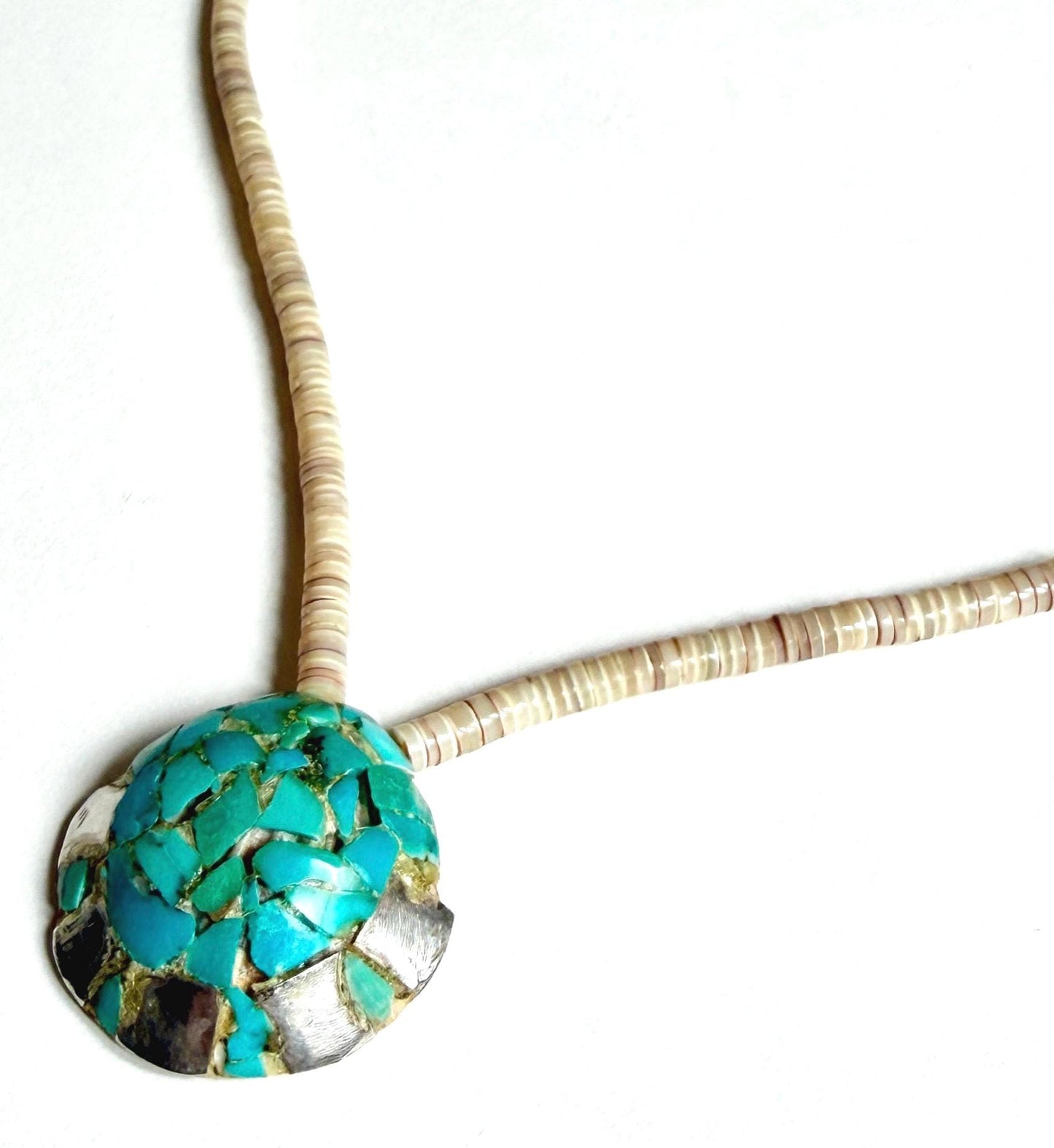 Old Vintage Native American Turquoise Mosaic Inlay Necklace Shell Beaded Chain
